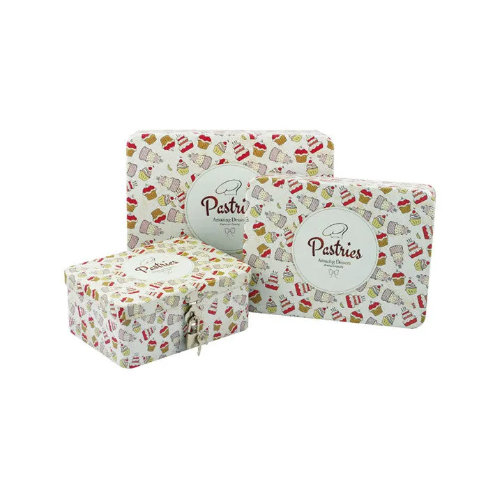 Rectangular Solid Lid Stackable Storage Tin with Lock - Set of 3