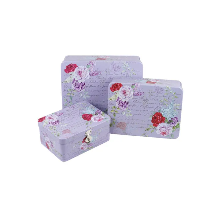 Rectangular Solid Lid Stackable Storage Tin with Lock - Set of 3