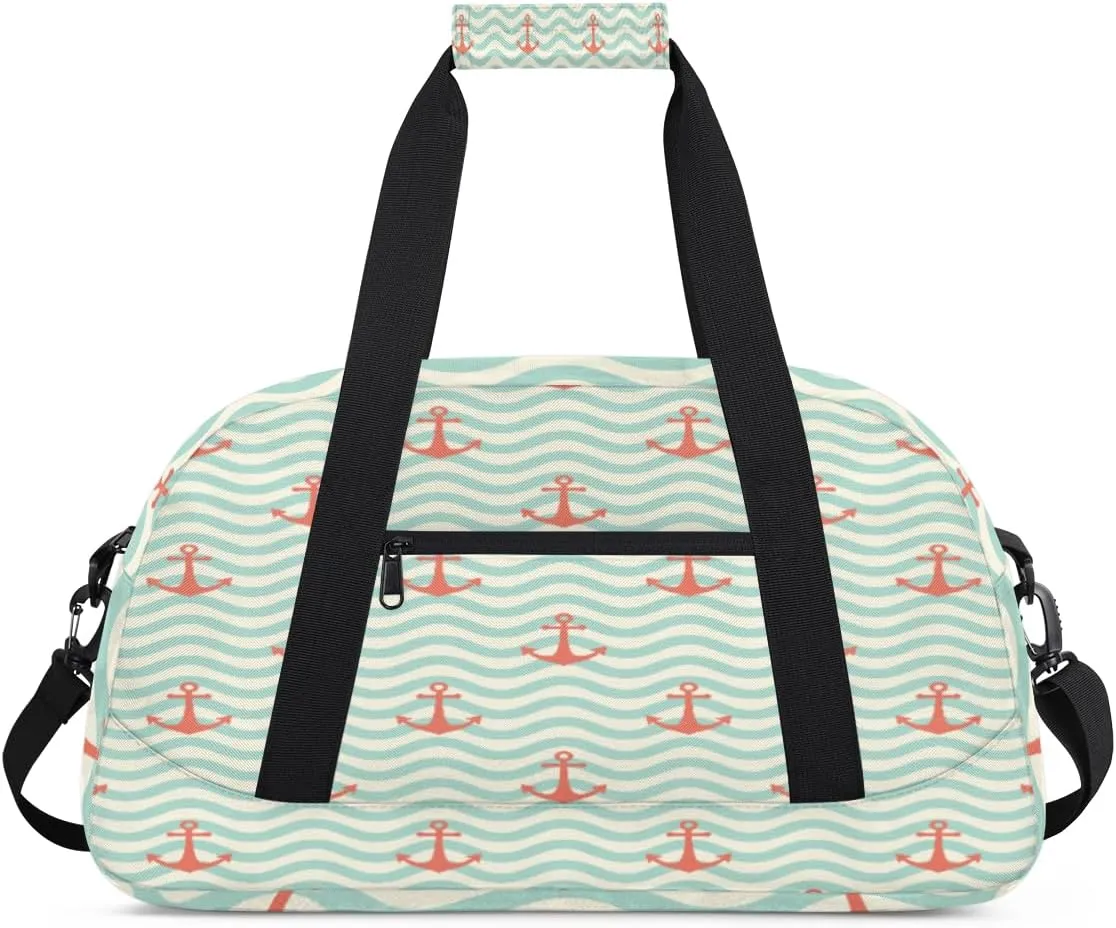 Red Anchor Gym Duffel Bag for Men Women Blue Stripes Wave Sports Tote Bag with Adjustable Shoulder Strap for Dance Gymnastics Traveling Outdoor Camping Overnight Stay