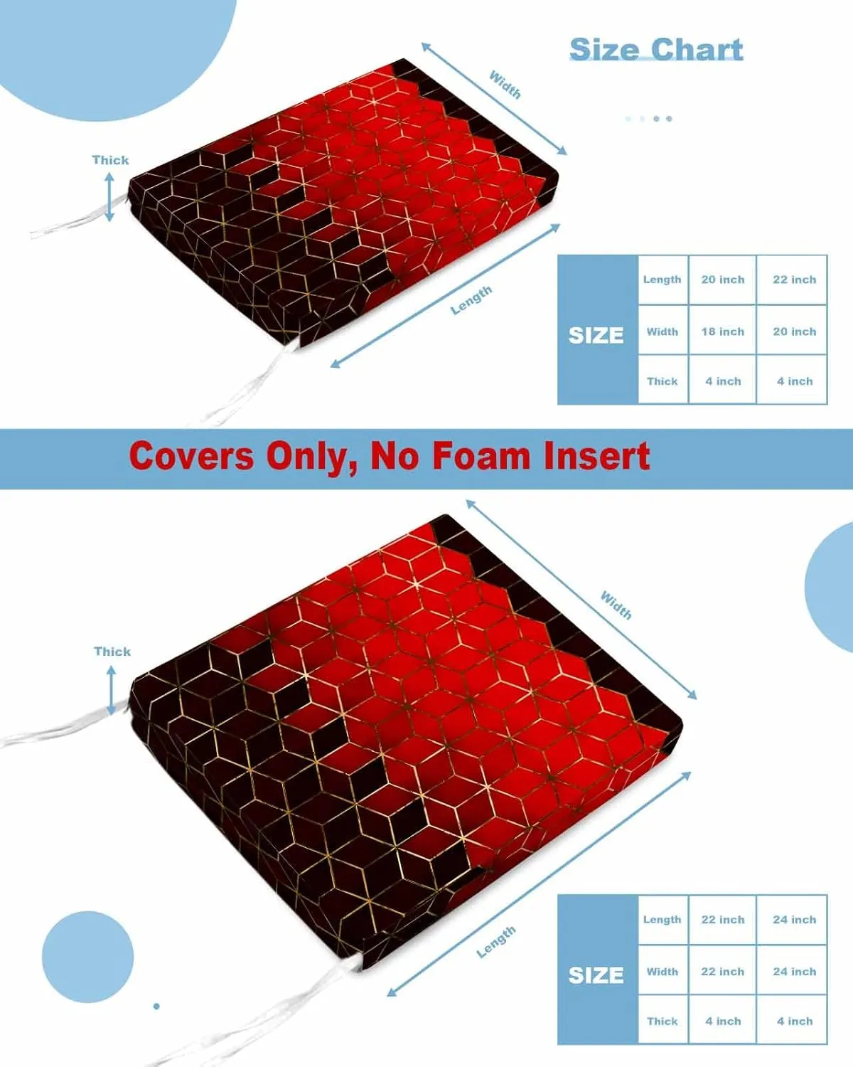 Red Geometric Outdoor Cushion Chair Cover Set of 2 - Waterproof Couch Seat Covers, Gradient Black Gold Mottled Comb Grid Patio Furniture Protector Cushions Slipcovers for Sofa/RV, 24"x24"x4"