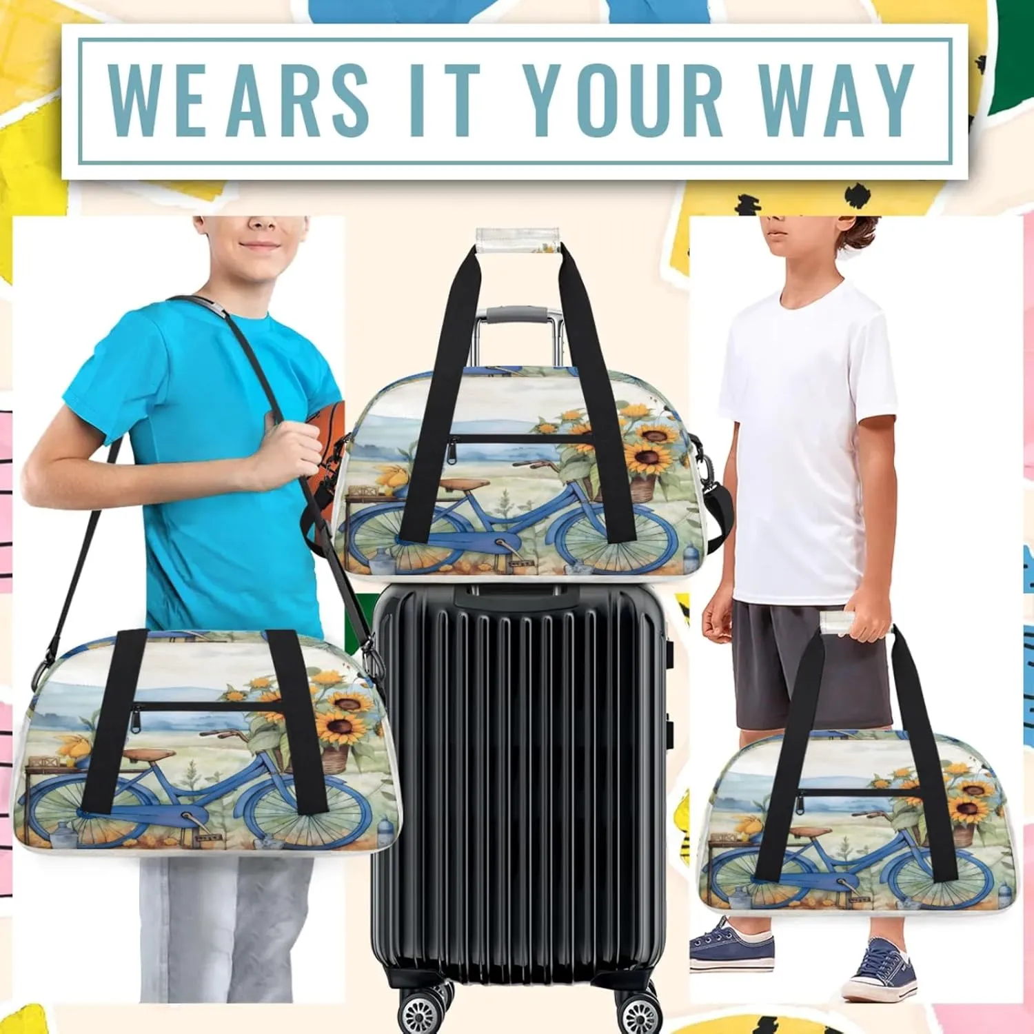 Retro Bicycle Sunflowers Small Gym Bag 18 inch Carry On Duffel Bag for Weekender Travel Sports Workout Yoga Gymnastics Dance Ballet