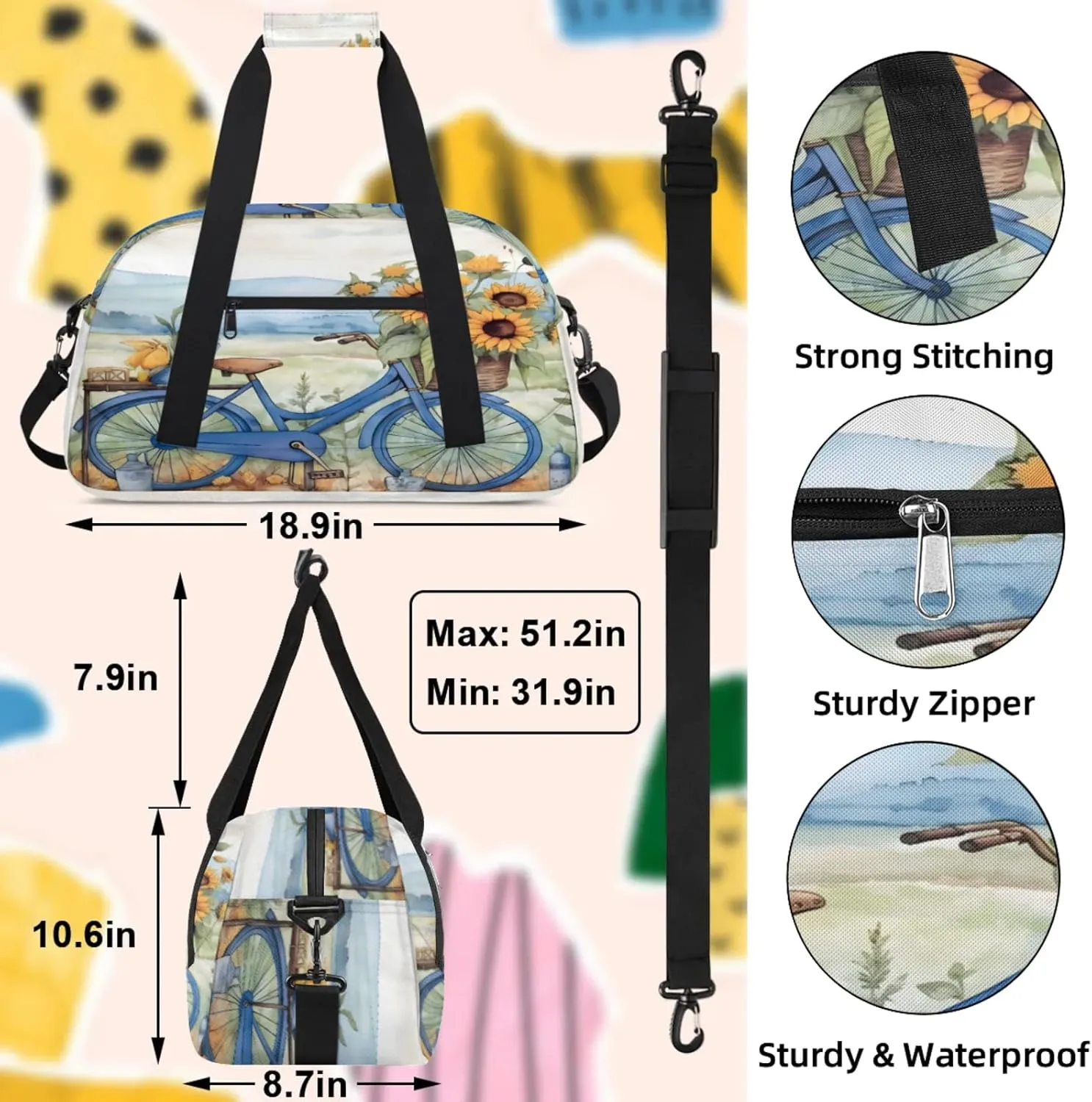 Retro Bicycle Sunflowers Small Gym Bag 18 inch Carry On Duffel Bag for Weekender Travel Sports Workout Yoga Gymnastics Dance Ballet