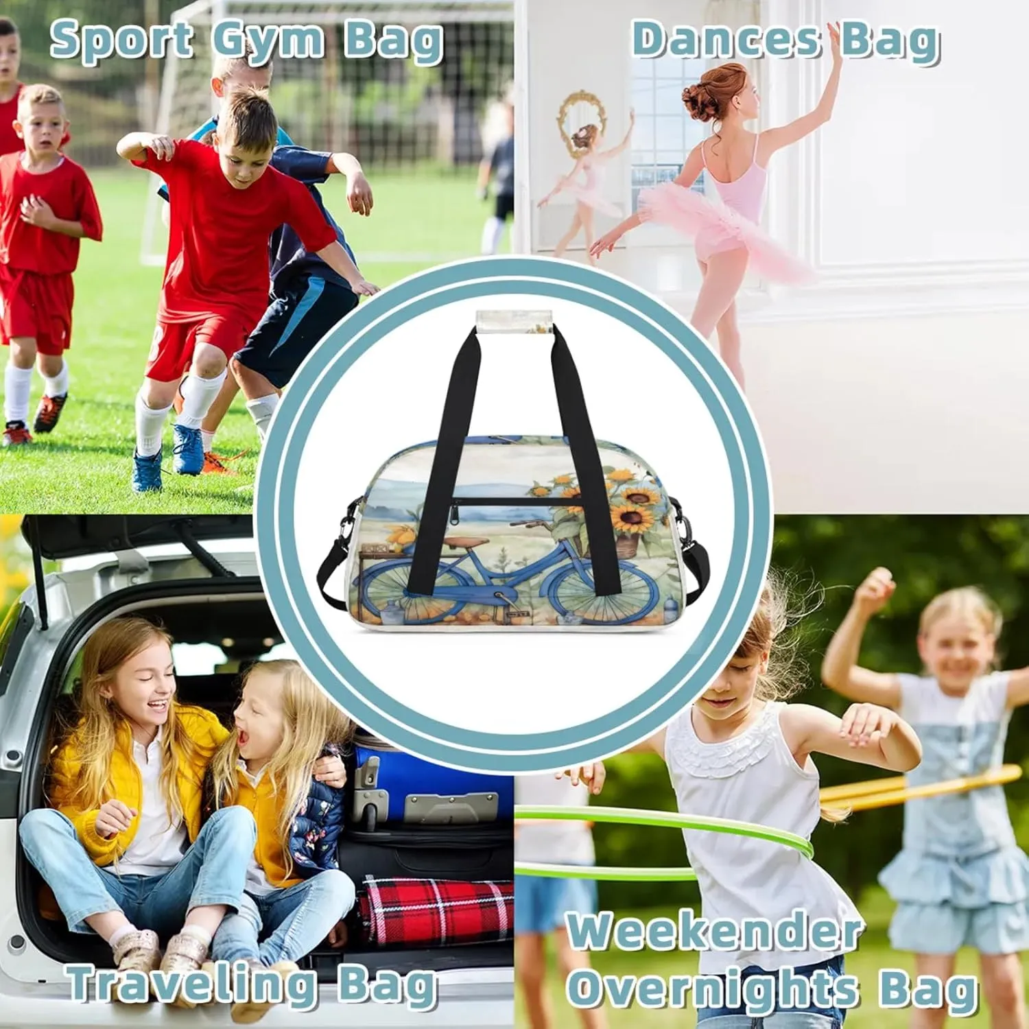 Retro Bicycle Sunflowers Small Gym Bag 18 inch Carry On Duffel Bag for Weekender Travel Sports Workout Yoga Gymnastics Dance Ballet