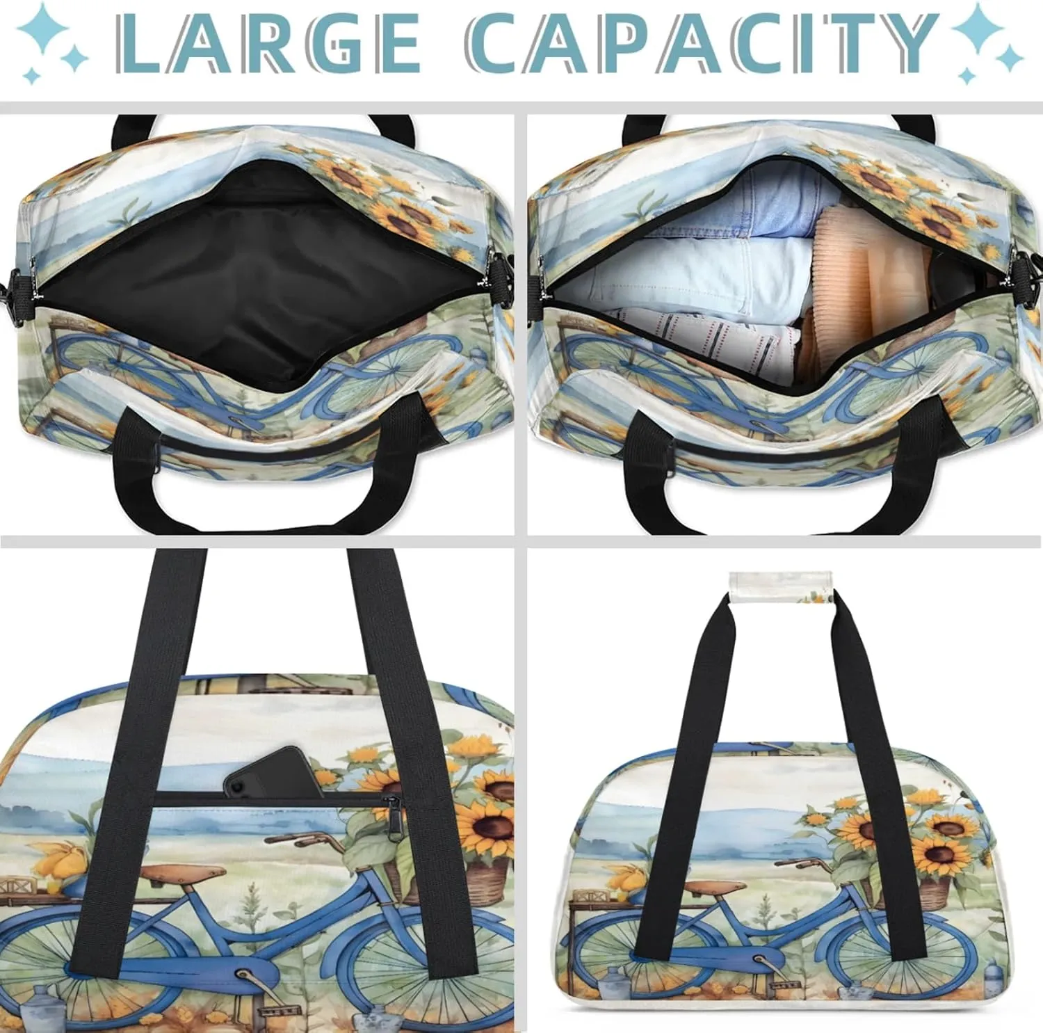Retro Bicycle Sunflowers Small Gym Bag 18 inch Carry On Duffel Bag for Weekender Travel Sports Workout Yoga Gymnastics Dance Ballet