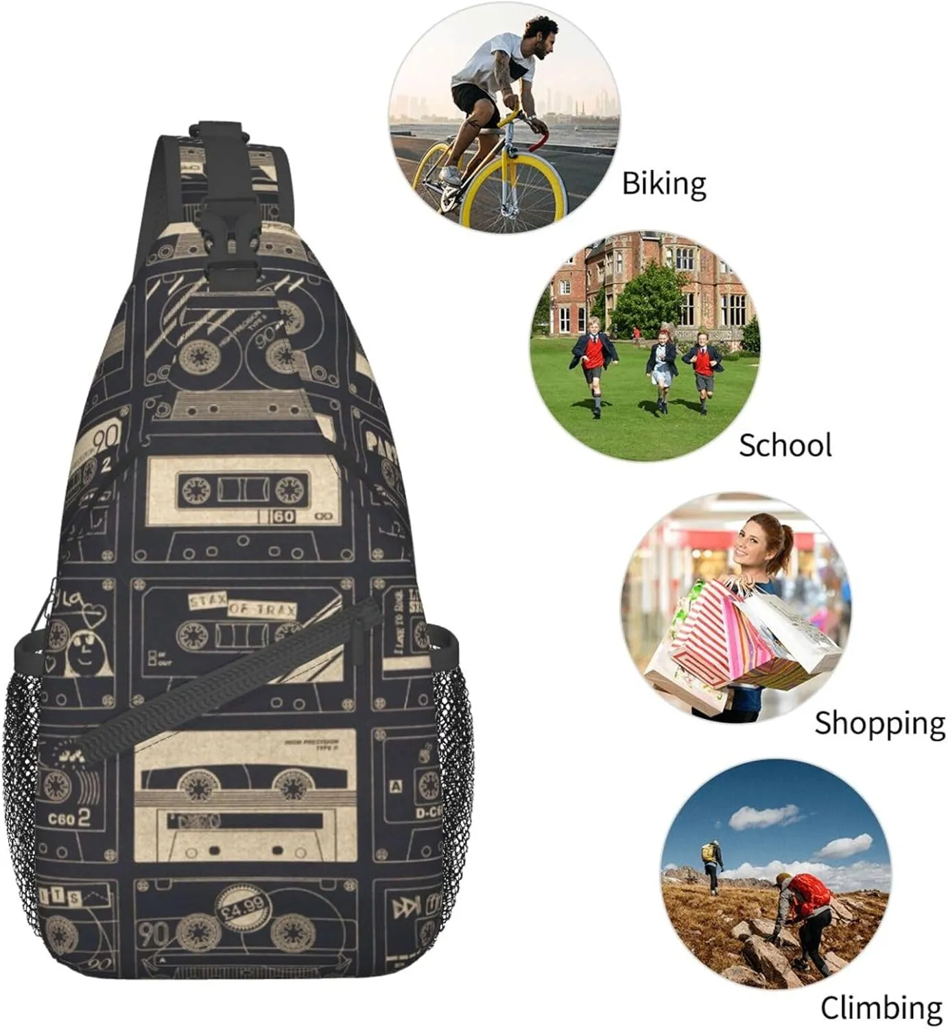 Retro Cassettes Crossbody Bag Recorder Shoulder Bag Backpack Retro Sling Bag Chest Casual Daypack Outdoor