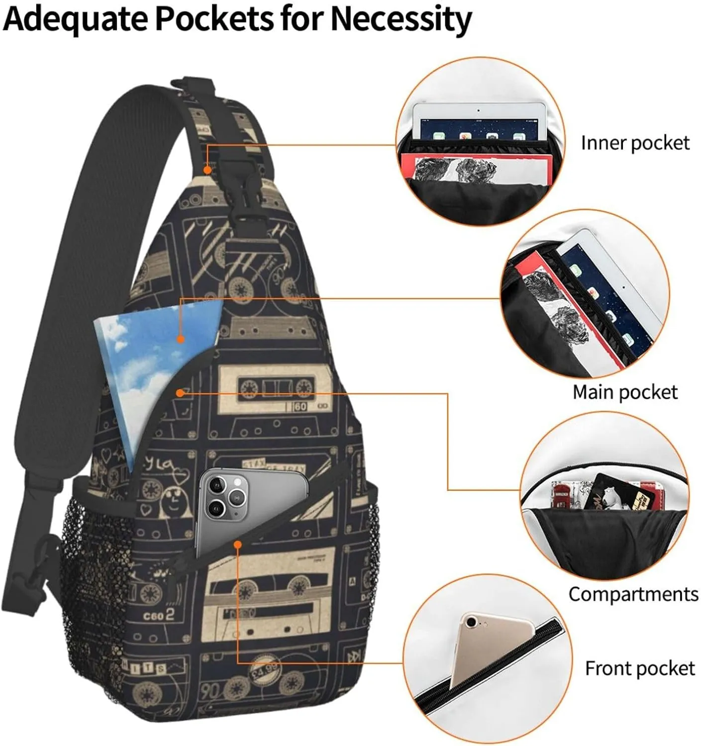 Retro Cassettes Crossbody Bag Recorder Shoulder Bag Backpack Retro Sling Bag Chest Casual Daypack Outdoor