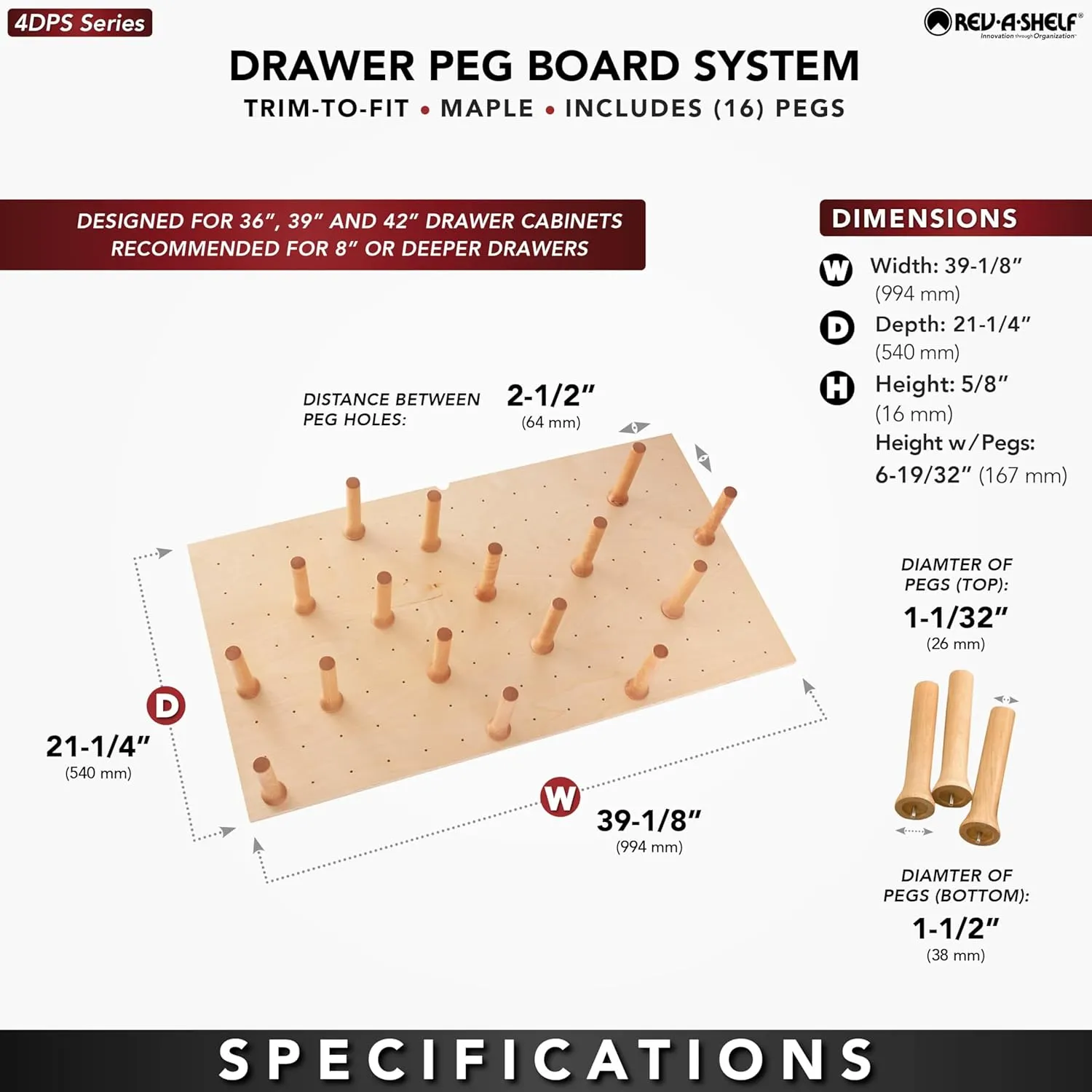 Rev-A-Shelf Pegboard Drawer Divider Organizer, Trim to Fit Wooden Kitchen Cabinet Storage Utensil, Pots & Dish Rack, 39" x 21", 4DPS-3921