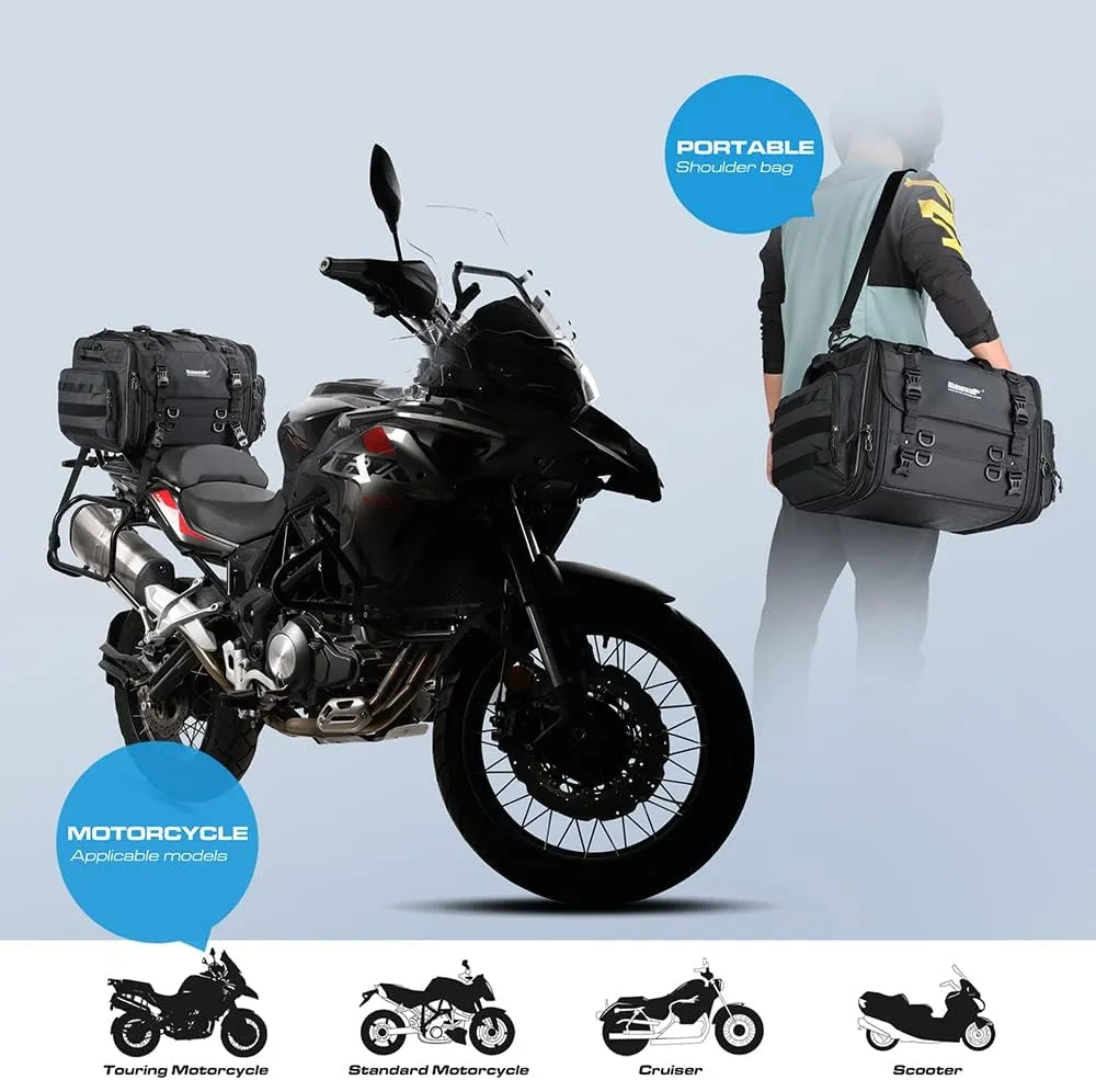 Rhinowalk Motorcycle Tail Bag Expandable Motorcycle Travel Luggage 60L Waterproof All Weather/Trunk/Rack Bag with Sissy Bar Straps-Black