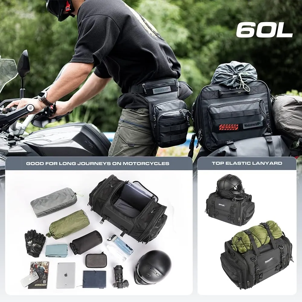 Rhinowalk Motorcycle Tail Bag Expandable Motorcycle Travel Luggage 60L Waterproof All Weather/Trunk/Rack Bag with Sissy Bar Straps-Black