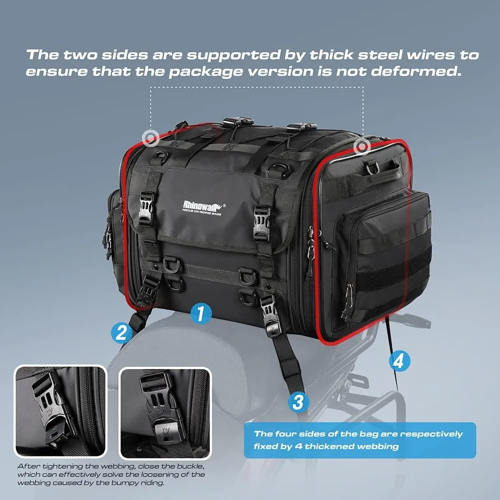 Rhinowalk Motorcycle Tail Bag Expandable Motorcycle Travel Luggage 60L Waterproof All Weather/Trunk/Rack Bag with Sissy Bar Straps-Black