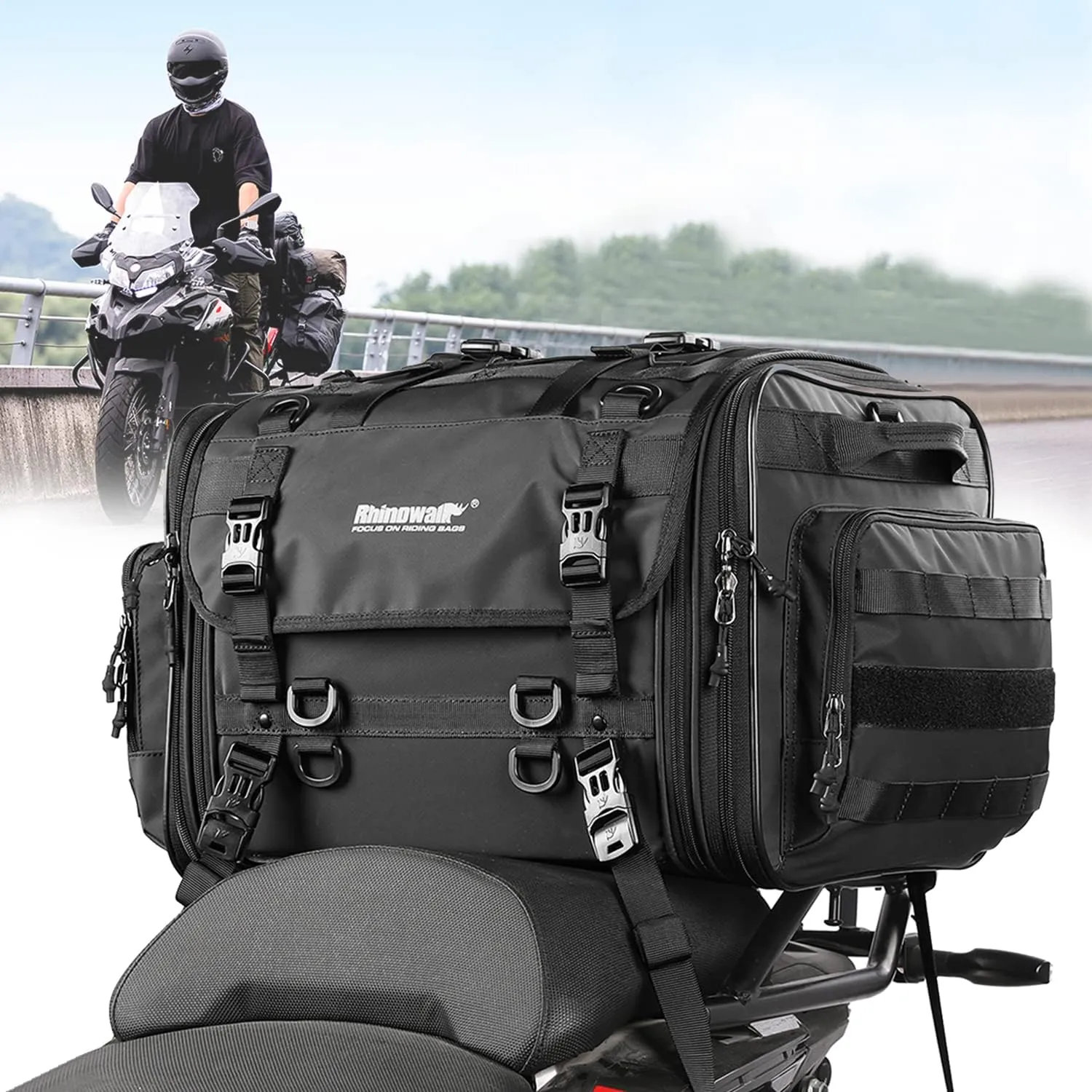 Rhinowalk Motorcycle Tail Bag Expandable Motorcycle Travel Luggage 60L Waterproof All Weather/Trunk/Rack Bag with Sissy Bar Straps-Black