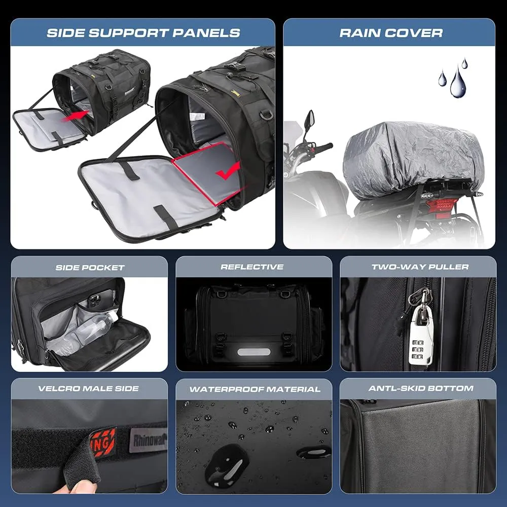 Rhinowalk Motorcycle Tail Bag Expandable Motorcycle Travel Luggage 60L Waterproof All Weather/Trunk/Rack Bag with Sissy Bar Straps-Black