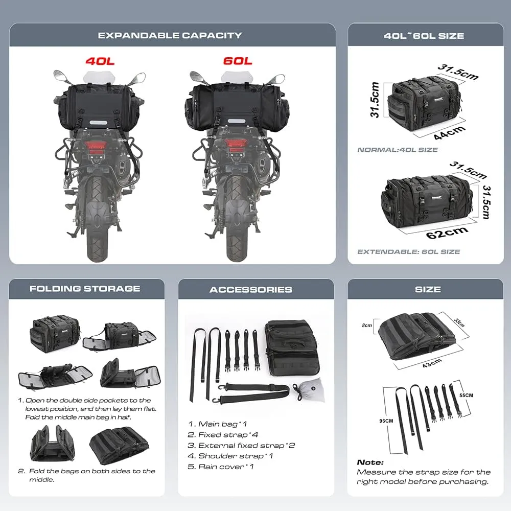 Rhinowalk Motorcycle Tail Bag Expandable Motorcycle Travel Luggage 60L Waterproof All Weather/Trunk/Rack Bag with Sissy Bar Straps-Black