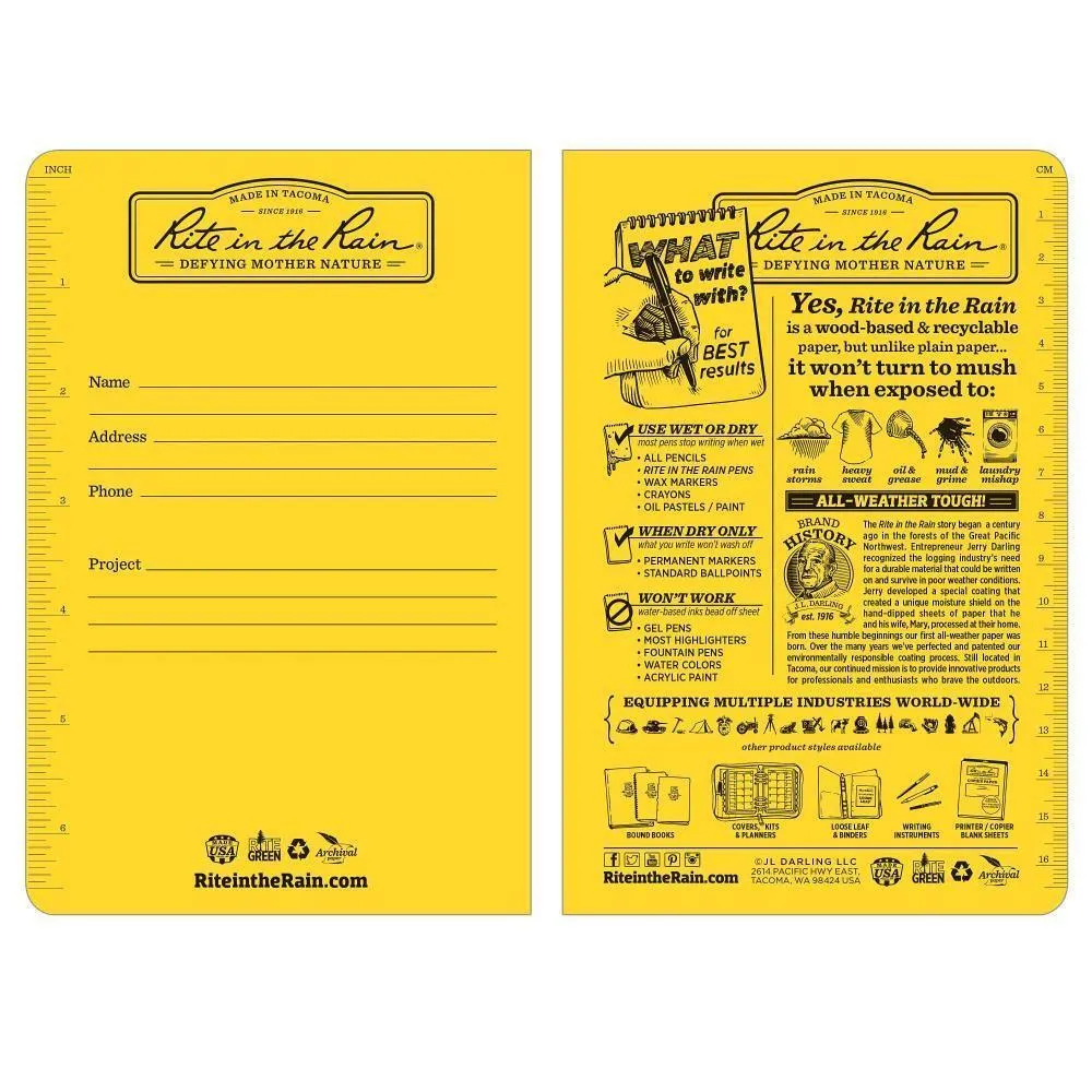 Rite in the Rain 311FX, All-Weather Level Rite in the Rain Tagboard Notebook, 117mm x 177mm, pack of 3 books