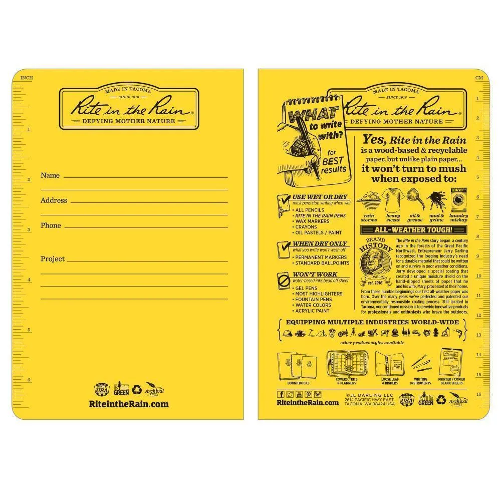 Rite in the Rain 361FX, All-weather Metric Field Rite in the Rain Tagboard Notebook, 117mm x 177mm, pack of 3 books