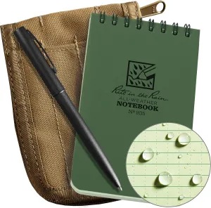 Rite in the Rain Weatherproof 3" x 5" Top-Spiral Notebook Kit: Tan CORDURA Fabric Cover, 3" x 5" Green Notebook, and an Weatherproof Pen (No. 935-KIT), Green / Tan