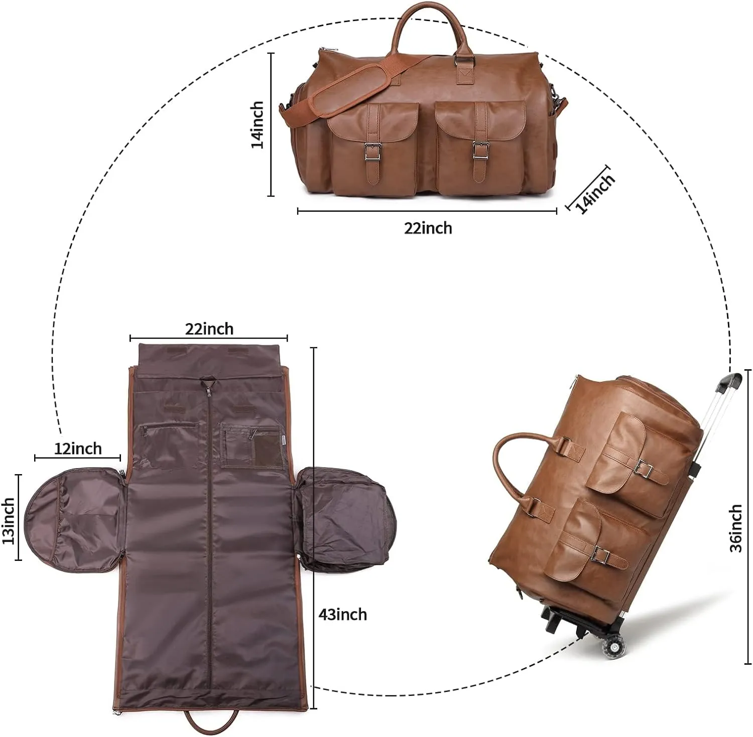Rolling Garment Bag,Rolling Duffle Bag with Wheels Rolling Garment Bags for Travel with Shoe Pouch Carry On Bag Weekender Bags Garment Duffel Bag for Men or Women-Brown