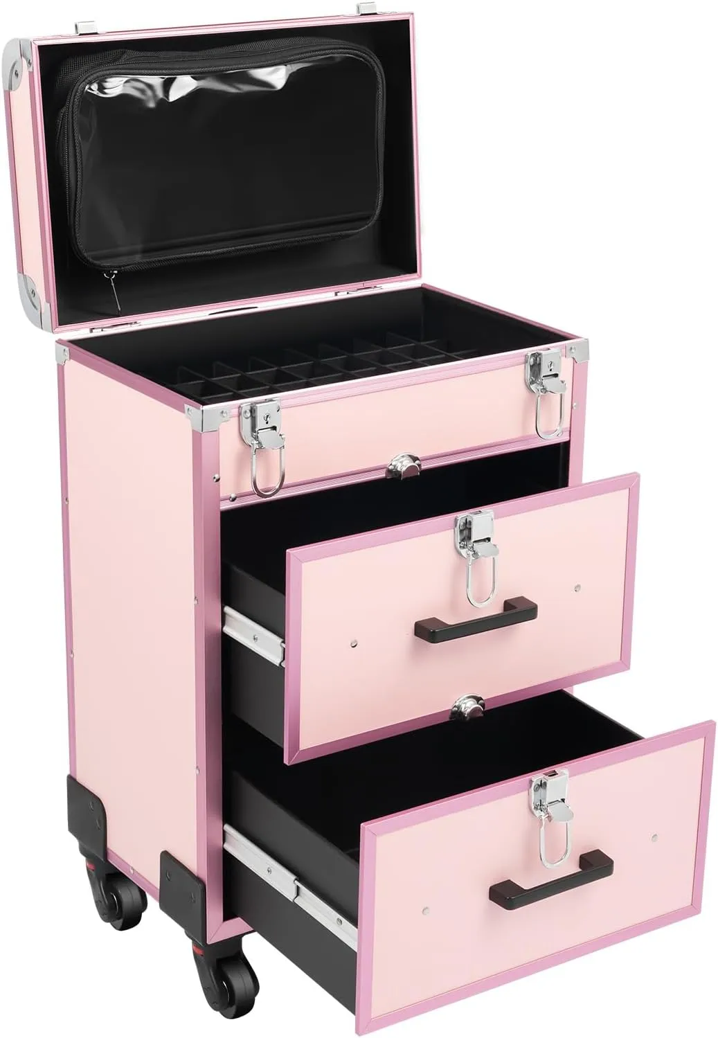 Rolling Makeup Case, 3-layer Professional Makeup Case with Wheels, Waterproof Cosmetic Trolley for Travel, Salon Artist Storage Organizer for Hairdresser Nail Technician, Bearing Capacity 110.3lbs