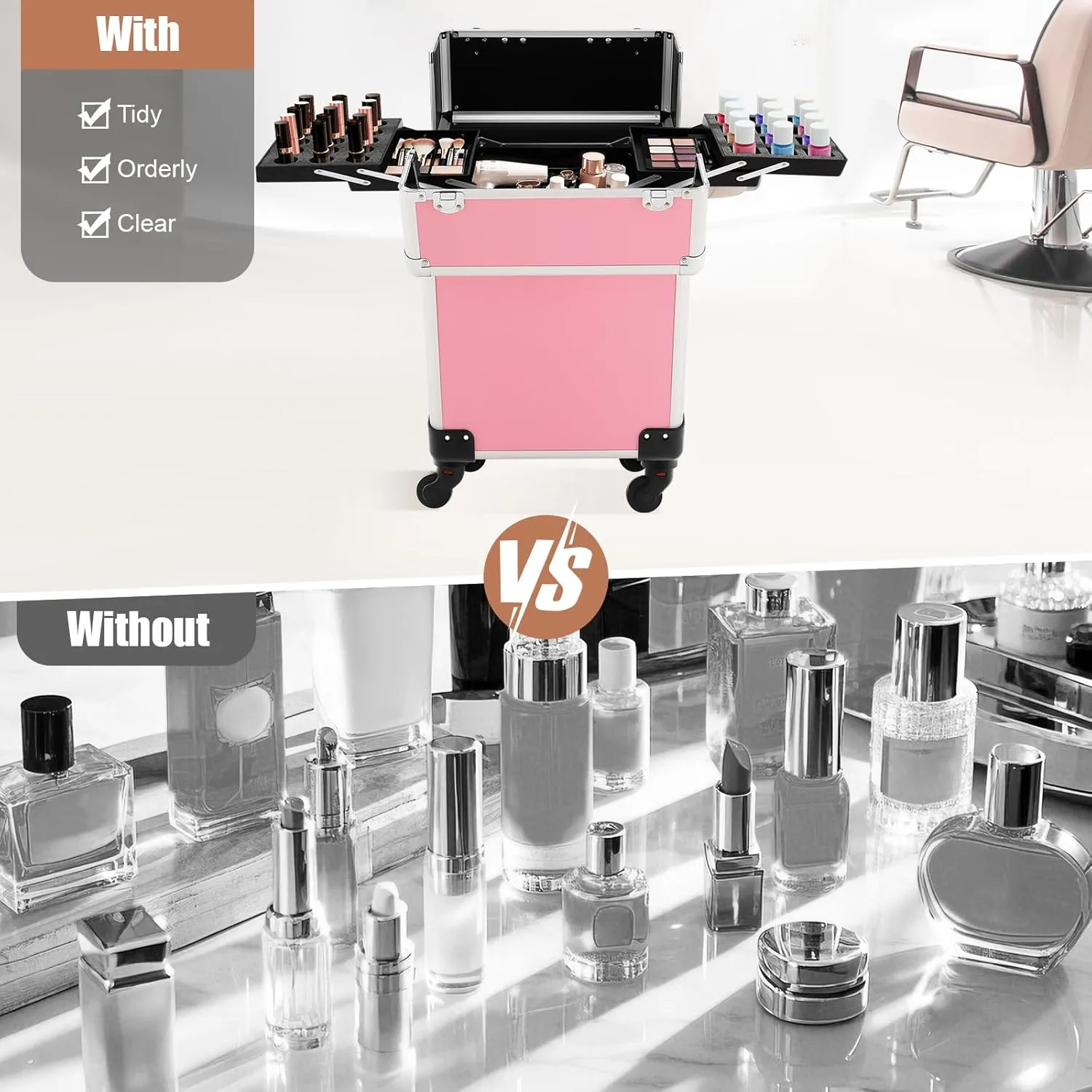 Rolling Makeup Trolley Case, Makeup Train Case with Keys Swivel Wheels, Makeup Suitcase Organizer on Wheels for Nail Tech Hairstylists (Pink 1)