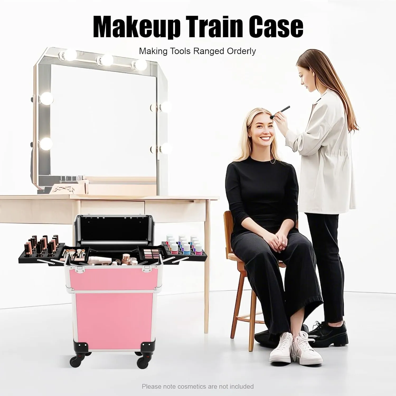 Rolling Makeup Trolley Case, Makeup Train Case with Keys Swivel Wheels, Makeup Suitcase Organizer on Wheels for Nail Tech Hairstylists (Pink 1)