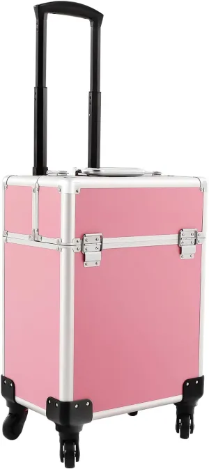 Rolling Makeup Trolley Case, Makeup Train Case with Keys Swivel Wheels, Makeup Suitcase Organizer on Wheels for Nail Tech Hairstylists (Pink 1)