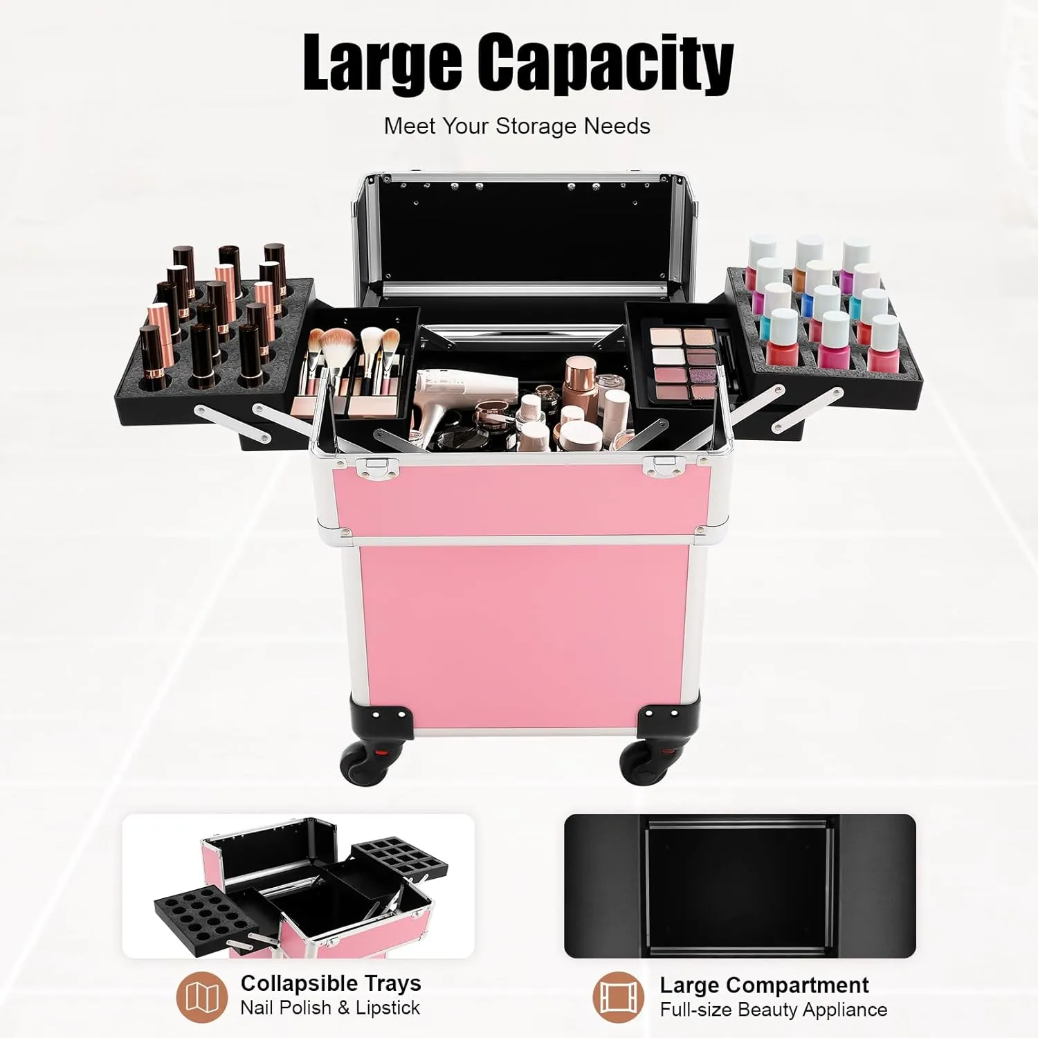Rolling Makeup Trolley Case, Makeup Train Case with Keys Swivel Wheels, Makeup Suitcase Organizer on Wheels for Nail Tech Hairstylists (Pink 1)