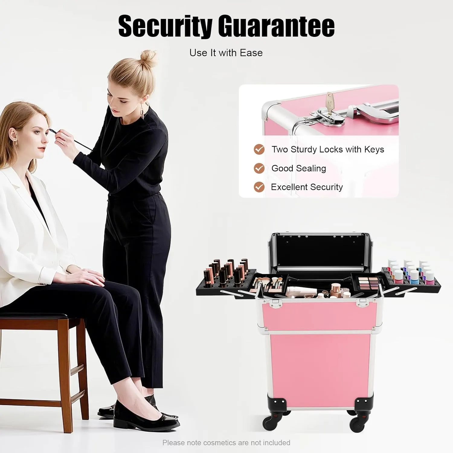Rolling Makeup Trolley Case, Makeup Train Case with Keys Swivel Wheels, Makeup Suitcase Organizer on Wheels for Nail Tech Hairstylists (Pink 1)