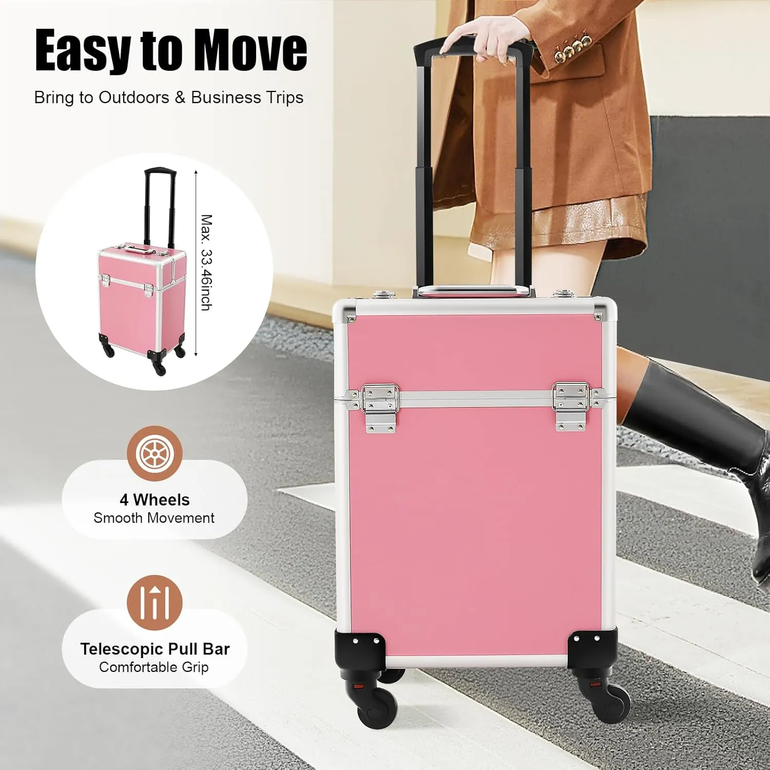 Rolling Makeup Trolley Case, Makeup Train Case with Keys Swivel Wheels, Makeup Suitcase Organizer on Wheels for Nail Tech Hairstylists (Pink 1)