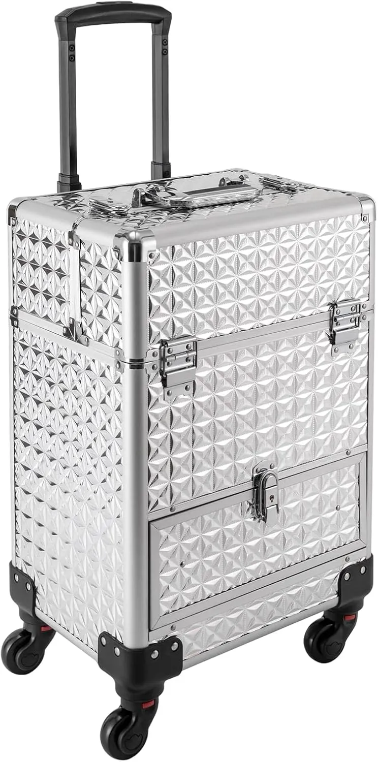 Rolling Makeup Trolley Case, Makeup Train Case with Keys Swivel Wheels, Makeup Suitcase Organizer on Wheels for Nail Tech Hairstylists (Silver)