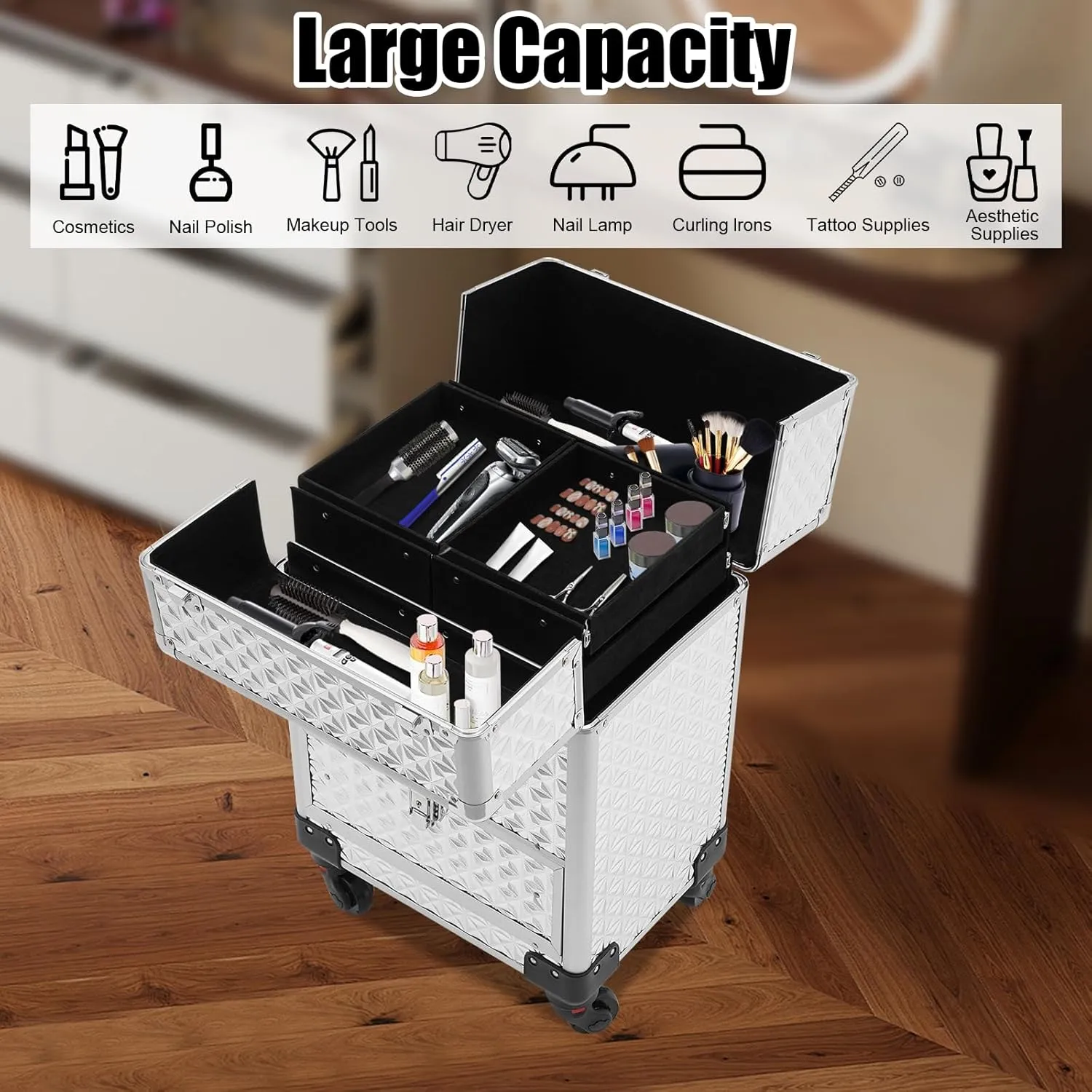 Rolling Makeup Trolley Case, Makeup Train Case with Keys Swivel Wheels, Makeup Suitcase Organizer on Wheels for Nail Tech Hairstylists (Silver)