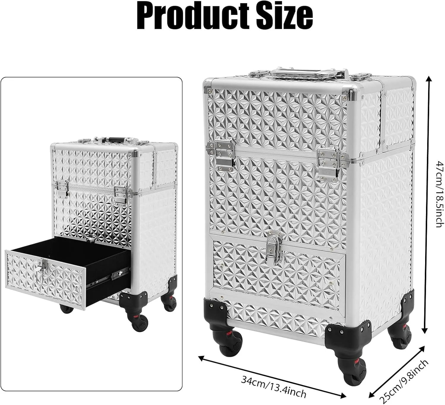 Rolling Makeup Trolley Case, Makeup Train Case with Keys Swivel Wheels, Makeup Suitcase Organizer on Wheels for Nail Tech Hairstylists (Silver)