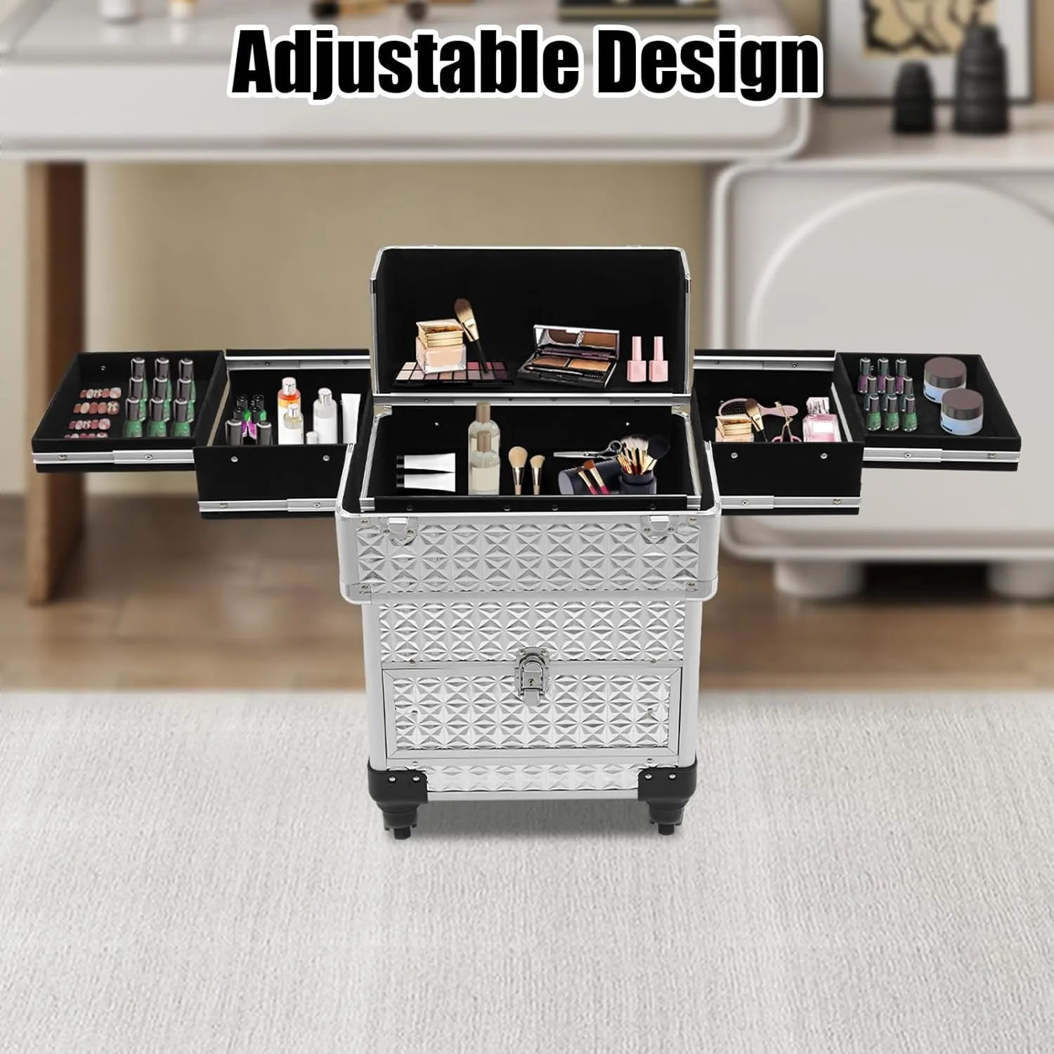 Rolling Makeup Trolley Case, Makeup Train Case with Keys Swivel Wheels, Makeup Suitcase Organizer on Wheels for Nail Tech Hairstylists (Silver)