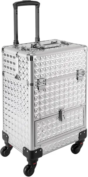 Rolling Makeup Trolley Case, Makeup Train Case with Keys Swivel Wheels, Makeup Suitcase Organizer on Wheels for Nail Tech Hairstylists (Silver)