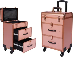 Rolling Makeup Trolley Case with 4 Universal Wheels, Large Cosmetic Trolley with Locks, Make up Bag with dividers, Cosmetics Storage Organizer for On The Go Makeup / Nail Art / Hair Styling (Gold)