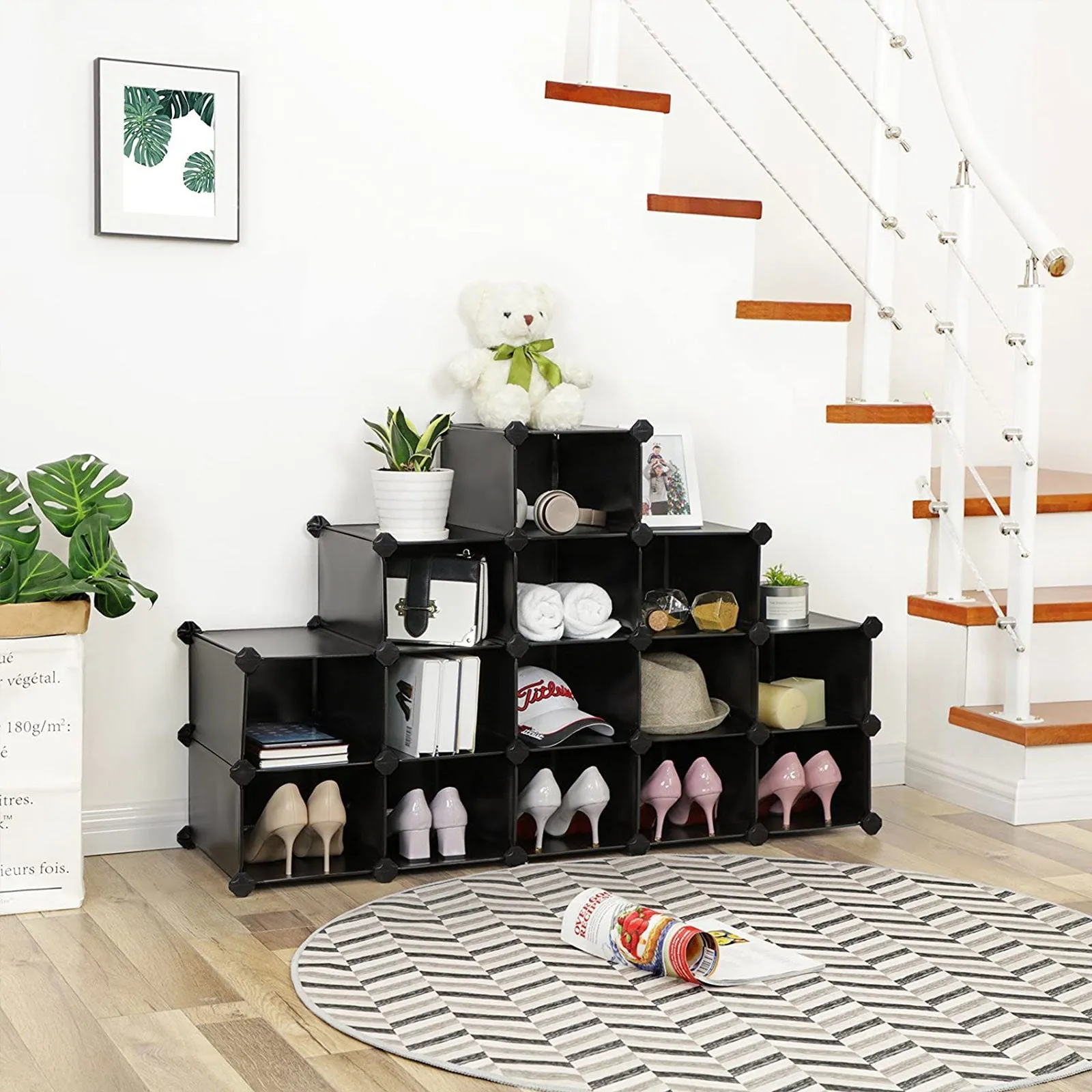 Rootz 16 Cube Black Storage Organizer - Cube Organizer - Modular Storage - PP Plastic Panels - Metal Wire Frame - ABS Plastic Connectors - 153cm x 31cm x 153cm