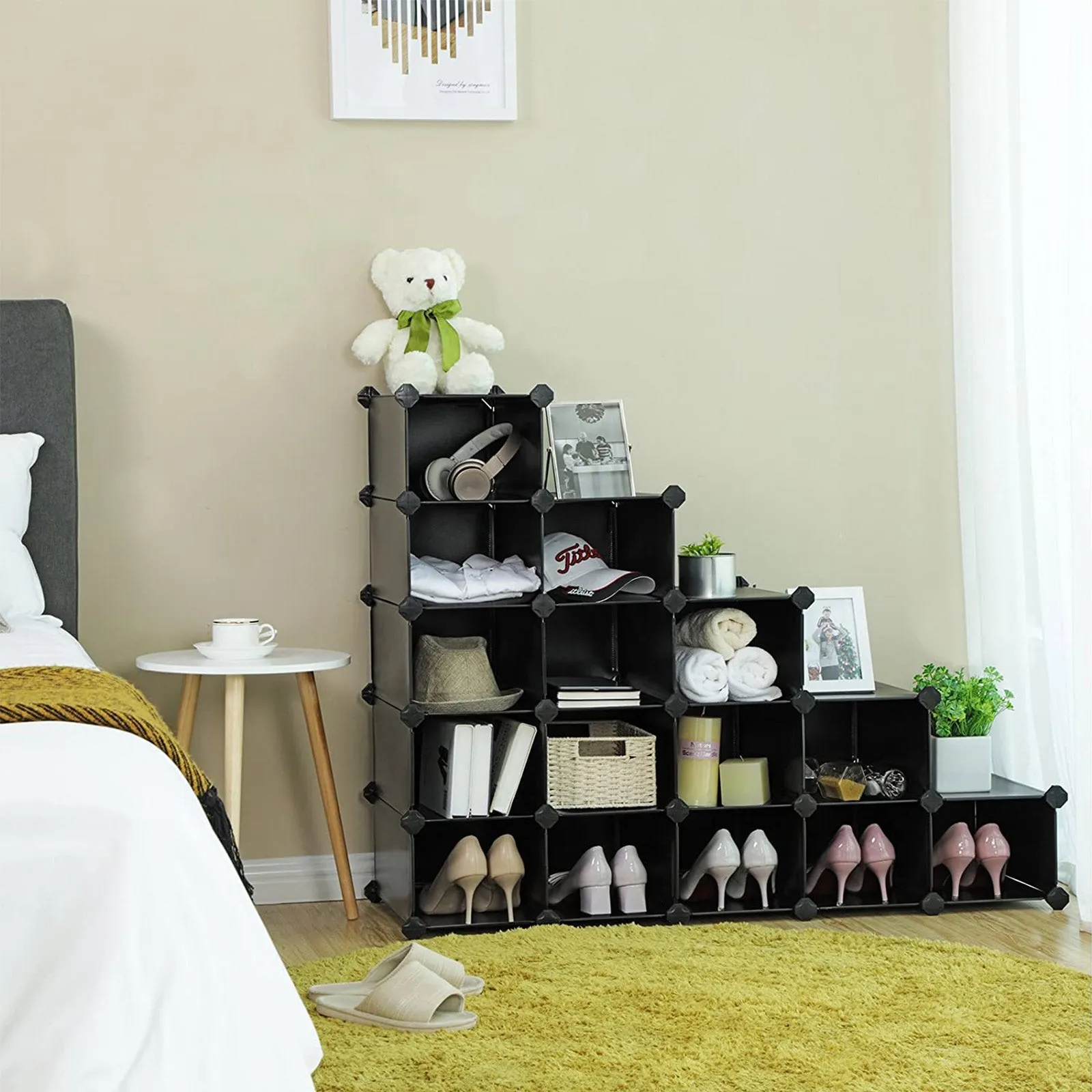 Rootz 16 Cube Black Storage Organizer - Cube Organizer - Modular Storage - PP Plastic Panels - Metal Wire Frame - ABS Plastic Connectors - 153cm x 31cm x 153cm