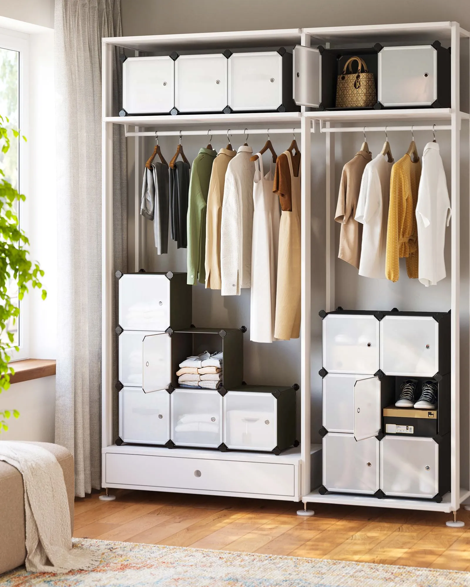 Rootz 16 Cube Black Storage Organizer - Cube Organizer - Modular Storage - PP Plastic Panels - Metal Wire Frame - ABS Plastic Connectors - 153cm x 31cm x 153cm