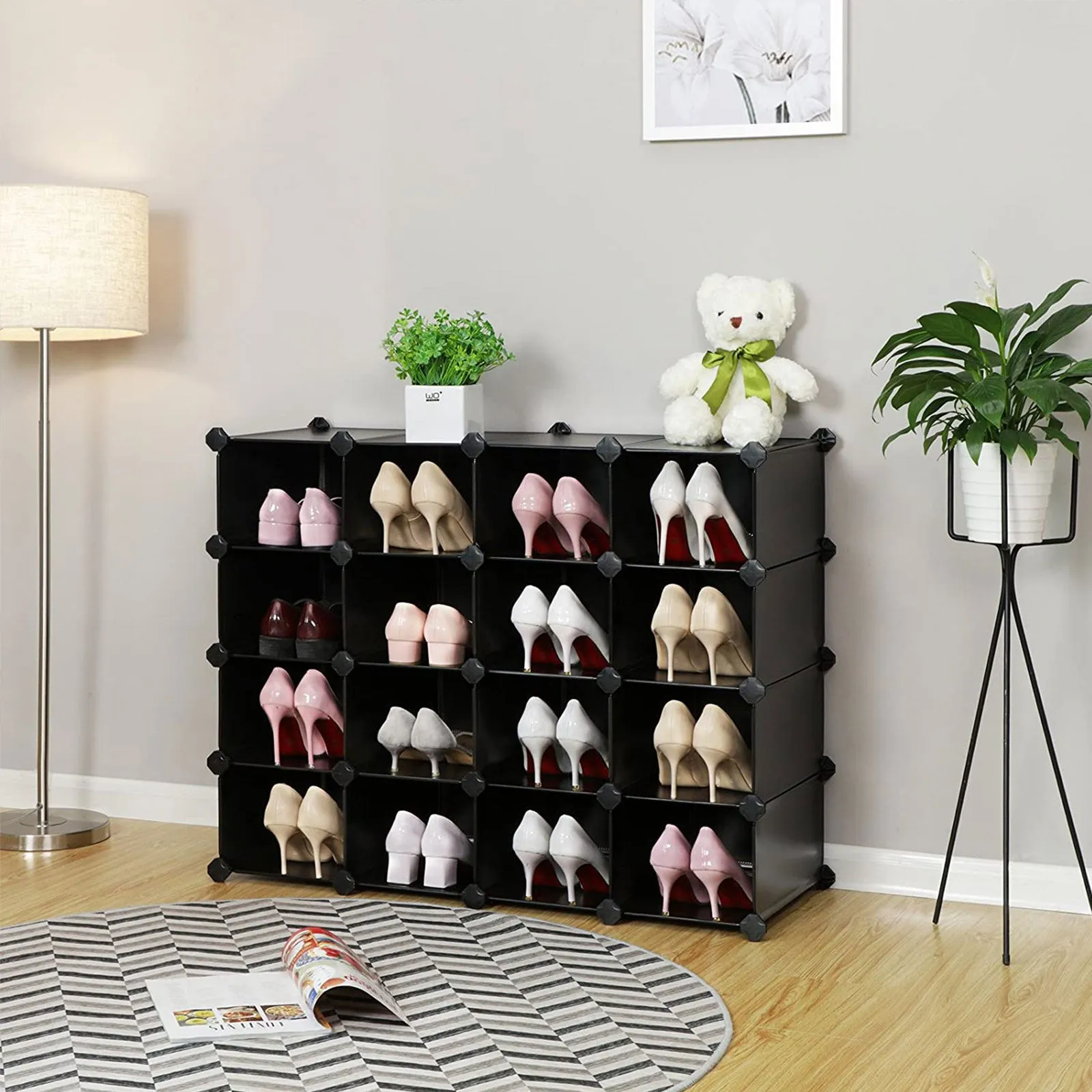 Rootz 16 Cube Black Storage Organizer - Cube Organizer - Modular Storage - PP Plastic Panels - Metal Wire Frame - ABS Plastic Connectors - 153cm x 31cm x 153cm