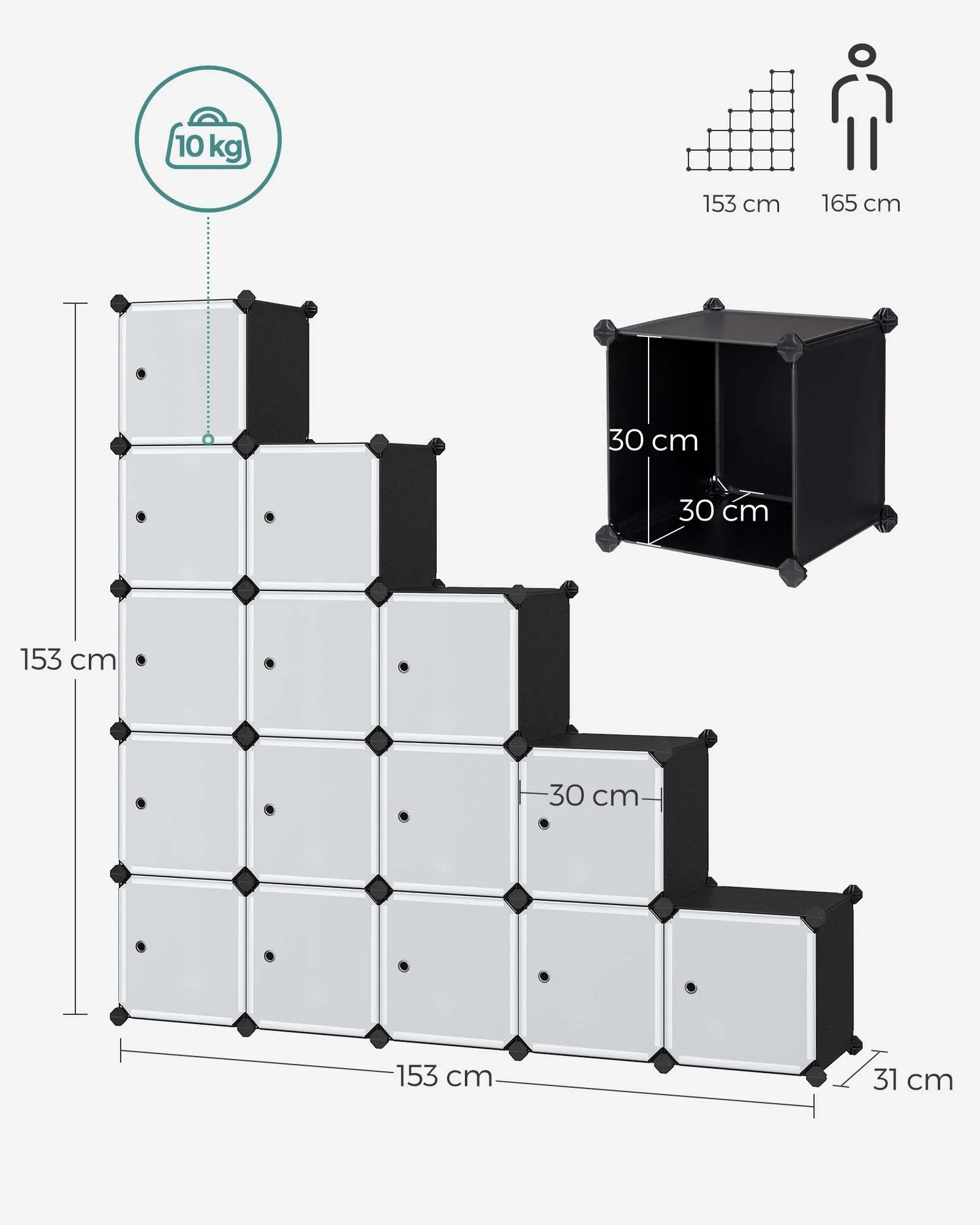 Rootz 16 Cube Black Storage Organizer - Cube Organizer - Modular Storage - PP Plastic Panels - Metal Wire Frame - ABS Plastic Connectors - 153cm x 31cm x 153cm