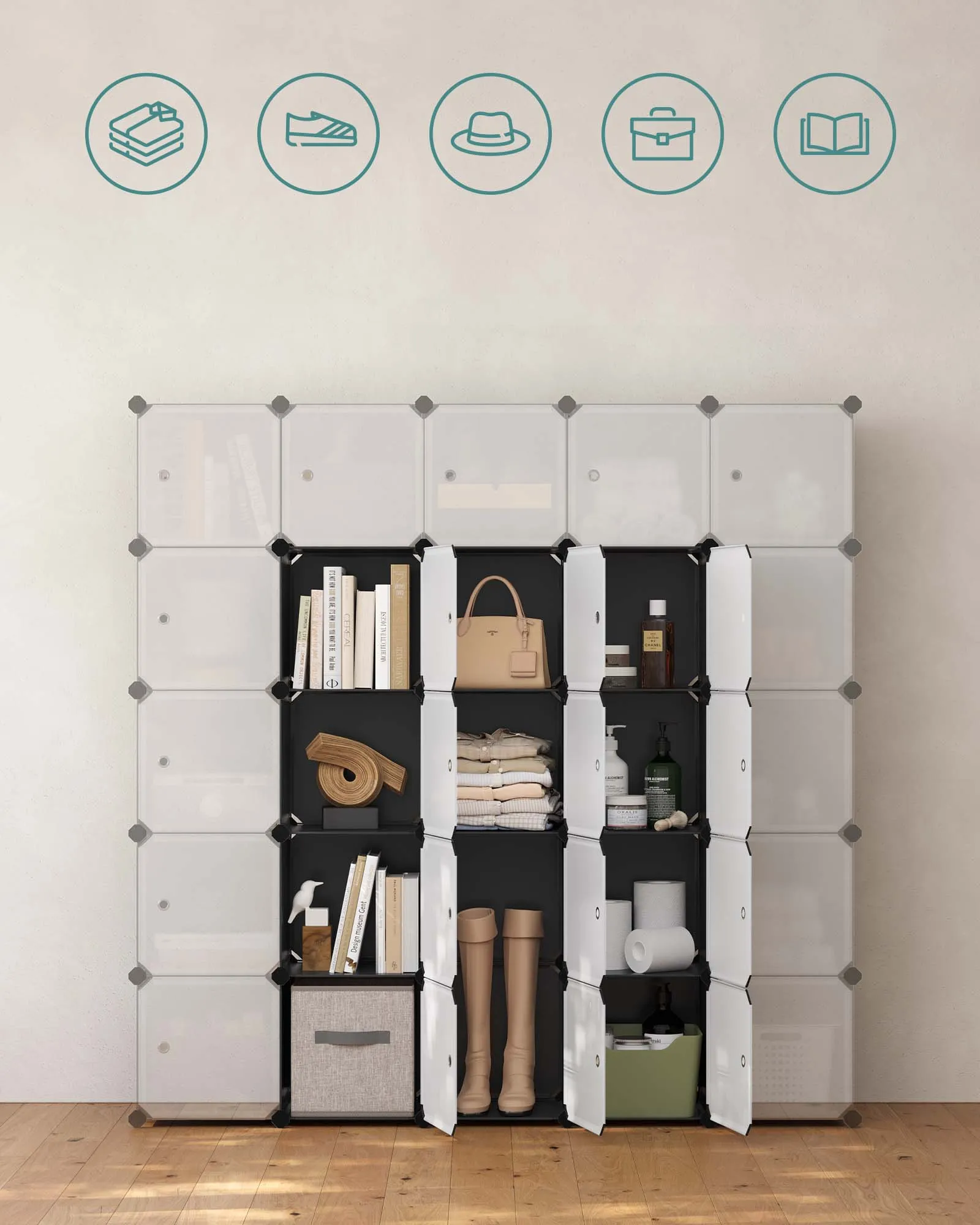 Rootz 16 Cube Black Storage Organizer - Cube Organizer - Modular Storage - PP Plastic Panels - Metal Wire Frame - ABS Plastic Connectors - 153cm x 31cm x 153cm