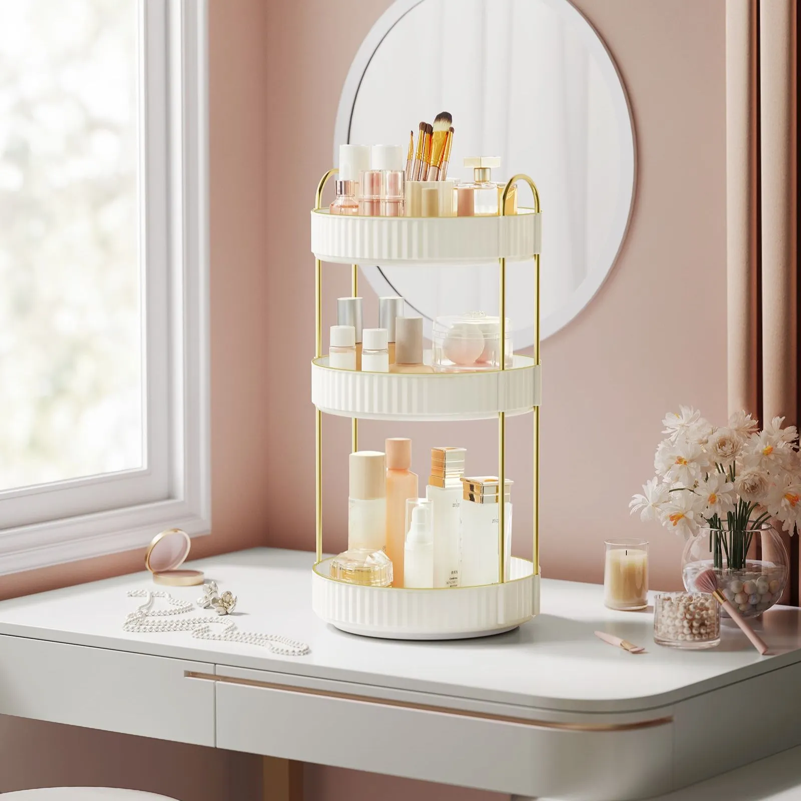 Rootz 3 Tier Tray Organizer - Storage Rack - Metal Shelving Unit - Lightweight - Space Saving - Cloud White - 23cm x 23cm x 46cm