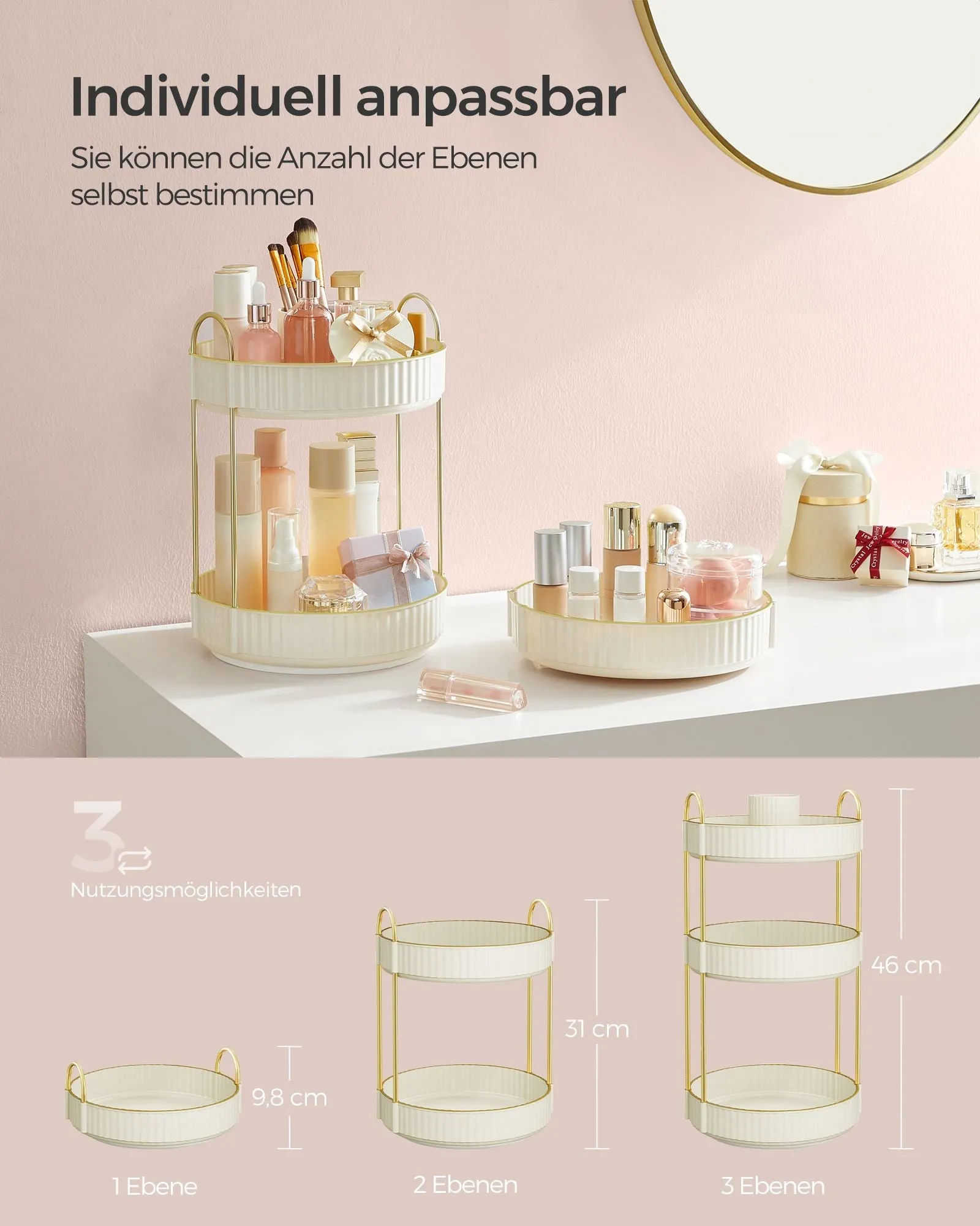 Rootz 3 Tier Tray Organizer - Storage Rack - Metal Shelving Unit - Lightweight - Space Saving - Cloud White - 23cm x 23cm x 46cm