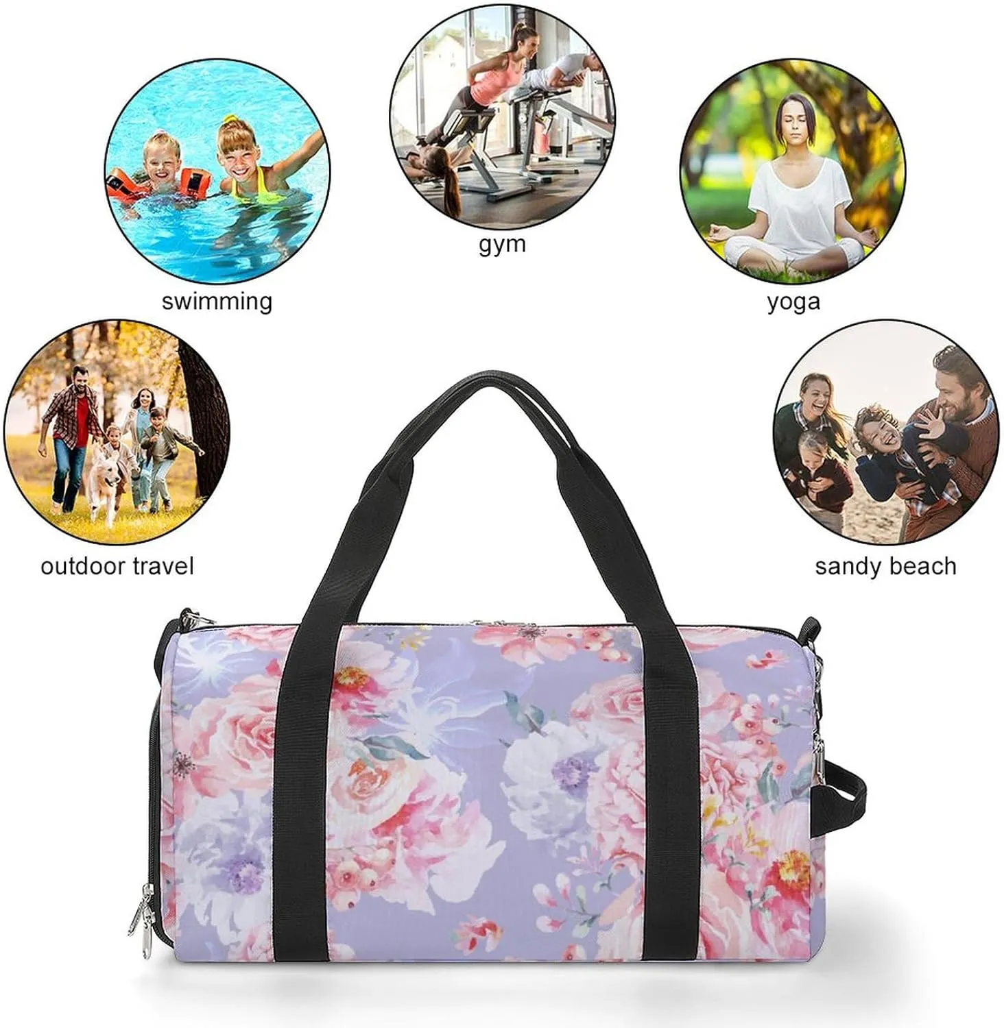 Rose-flowers-watercolor-pattern Sports Tote Gym Bag for Women Men, Overnight Bag with Shoe Compartment Water Resistant