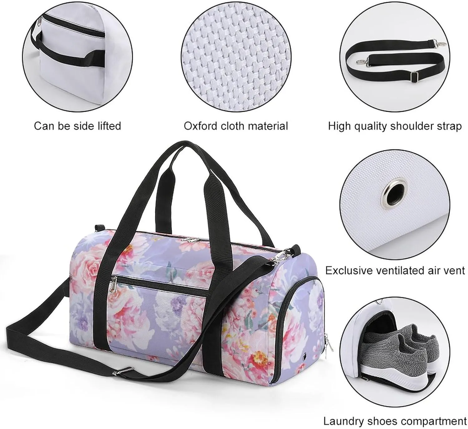 Rose-flowers-watercolor-pattern Sports Tote Gym Bag for Women Men, Overnight Bag with Shoe Compartment Water Resistant