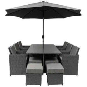 Rosen 10 Seater Rattan Cube Garden Dining Set With Parasol In Grey