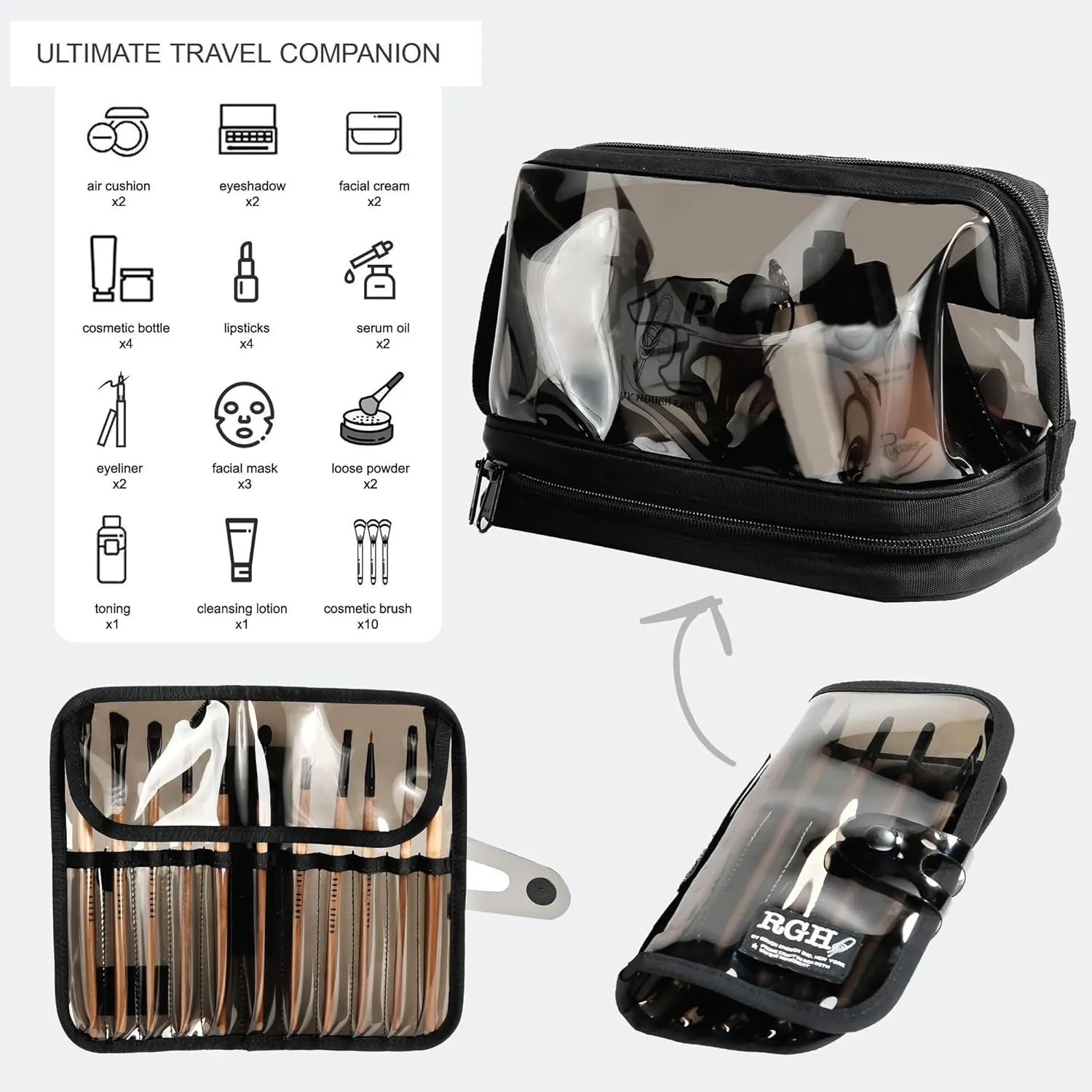 Rough Enough Large Clear Cosmetic Bag Toiletry Makeup Organizer with Detachable Brush Pouch Leakproof for Travel Essentials
