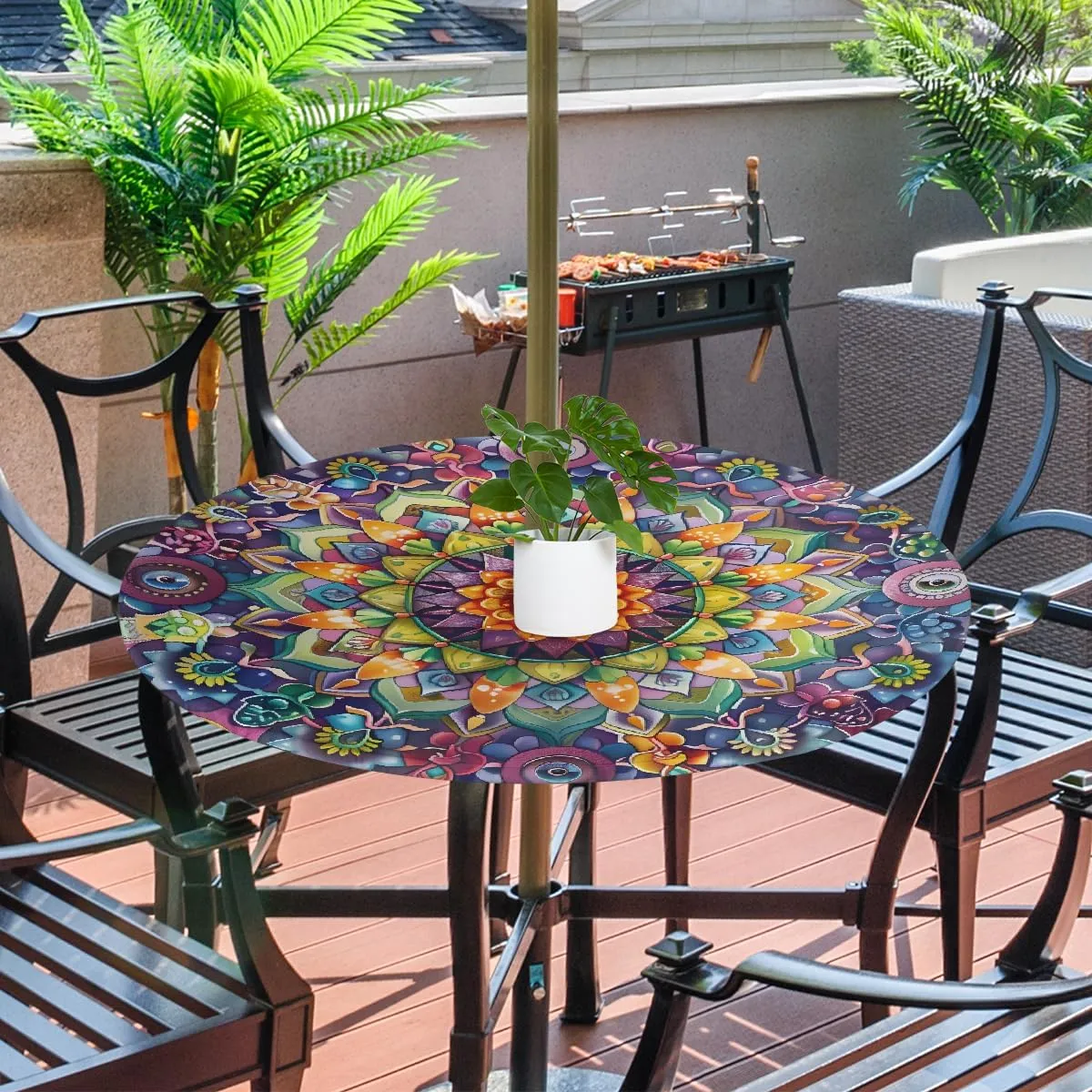 Round Outdoor Tablecloth with Umbrella Hole Colorful Boho Mandala Round Fitted Table Cloth Waterproof Umbrella Tablecloth with Zipper Elastic Outdoor Patio Table Cover, Fits 45"-56" Tables