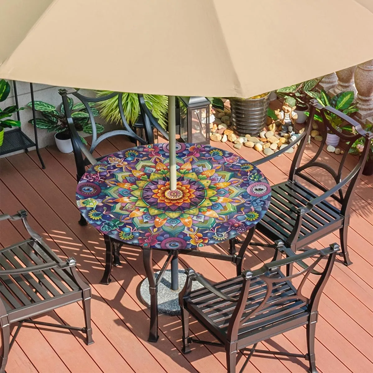 Round Outdoor Tablecloth with Umbrella Hole Colorful Boho Mandala Round Fitted Table Cloth Waterproof Umbrella Tablecloth with Zipper Elastic Outdoor Patio Table Cover, Fits 45"-56" Tables