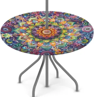 Round Outdoor Tablecloth with Umbrella Hole Colorful Boho Mandala Round Fitted Table Cloth Waterproof Umbrella Tablecloth with Zipper Elastic Outdoor Patio Table Cover, Fits 45"-56" Tables