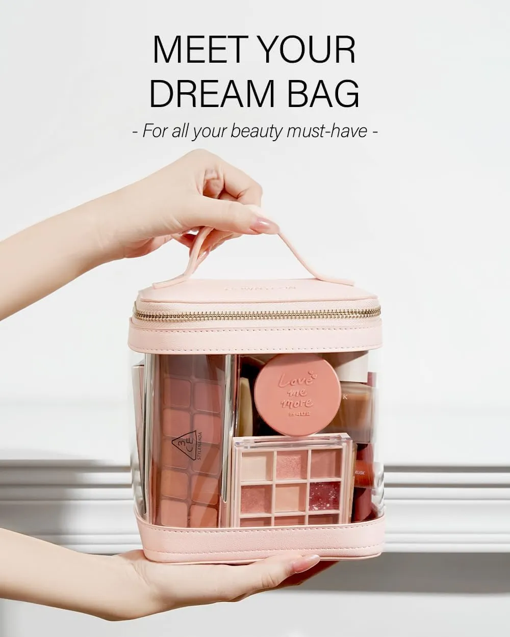 ROWNYEON Large CLear Travel Makeup Bag for Women，Transparent Cosmetic Bag with Handle，Portable Makeup Case Organizer，Waterproof Toiletry Organizer Train Case